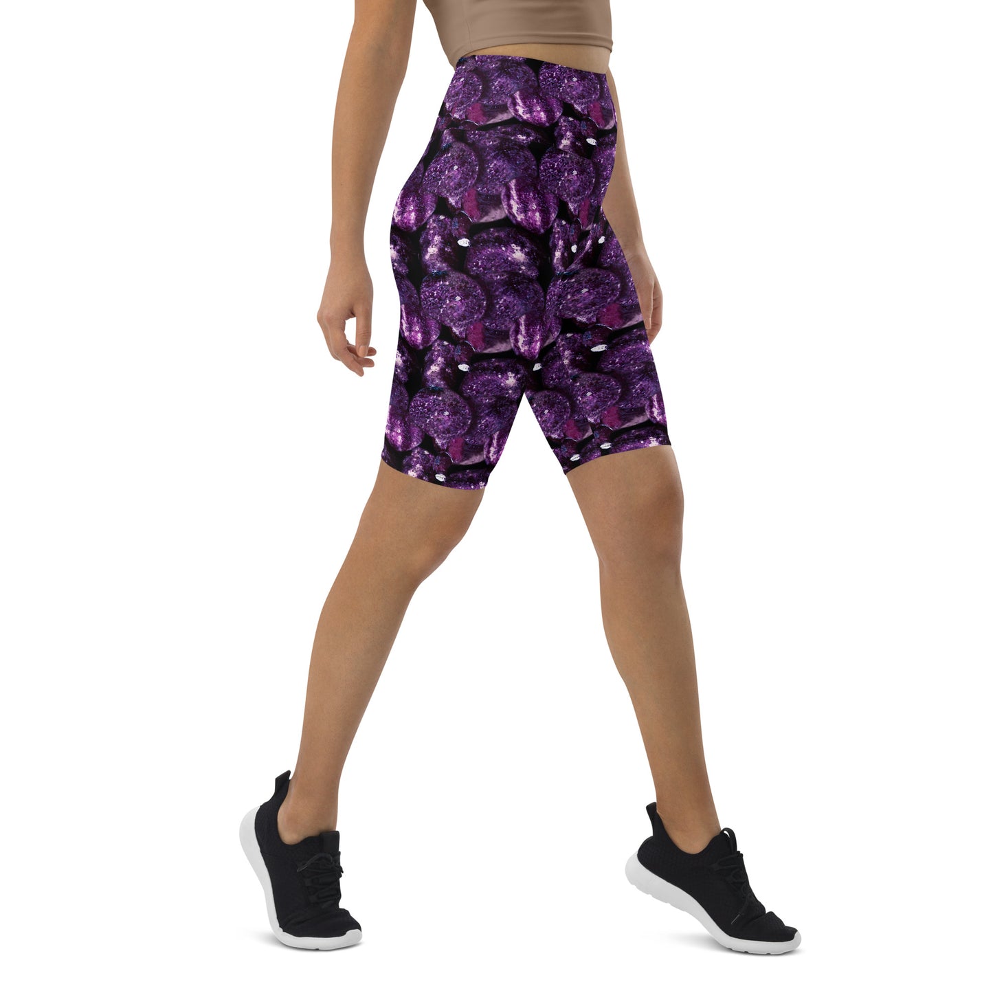 Product mockup, shorts, biker shorts, casual look, Womens fashion, Online fashion, textured, Elevated basics, versatile wardrobe, breathable, essentials, all over print, bestsellers, lightweight, capsule collection, running, workout, comfort, purple potatoes, potato prints