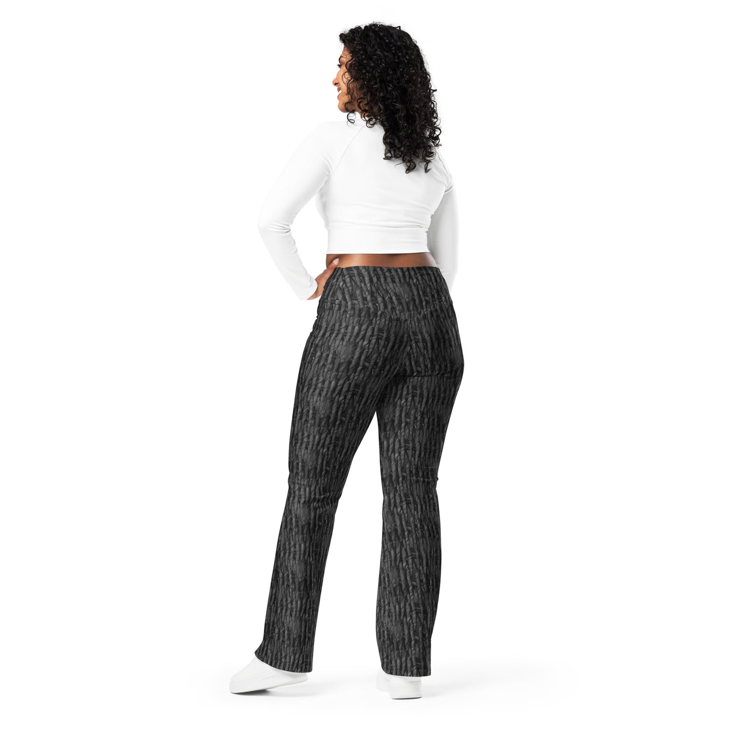 Product mockup, trousers, flared trousers, Womens fashion, Online fashion, textured, prints, Elevated basics, versatile wardrobe, breathable, essentials, basics, full length, comfy, all over prints, matching sets, flared leggings, high waist