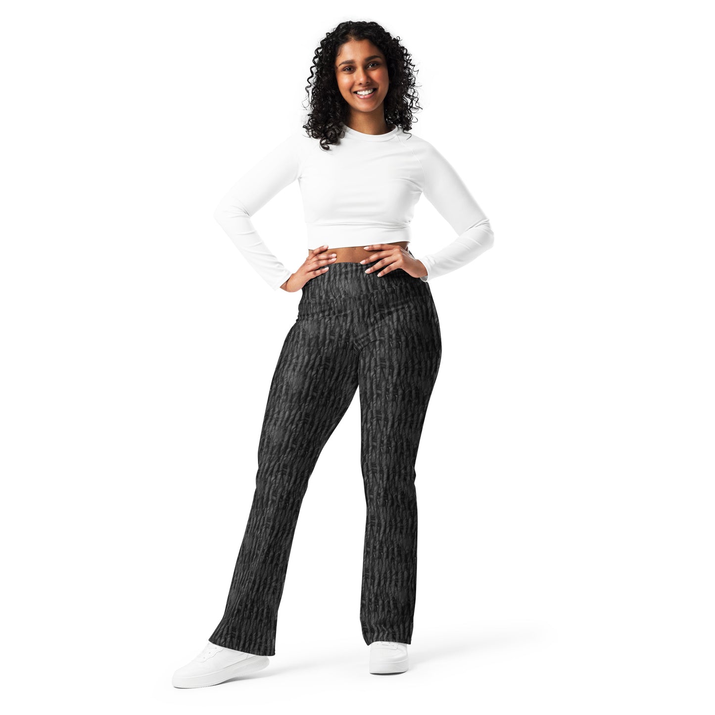 Product mockup, trousers, flared trousers, Womens fashion, Online fashion, textured, prints, Elevated basics, versatile wardrobe, breathable, essentials, basics, full length, comfy, all over prints, matching sets, flared leggings, high waist