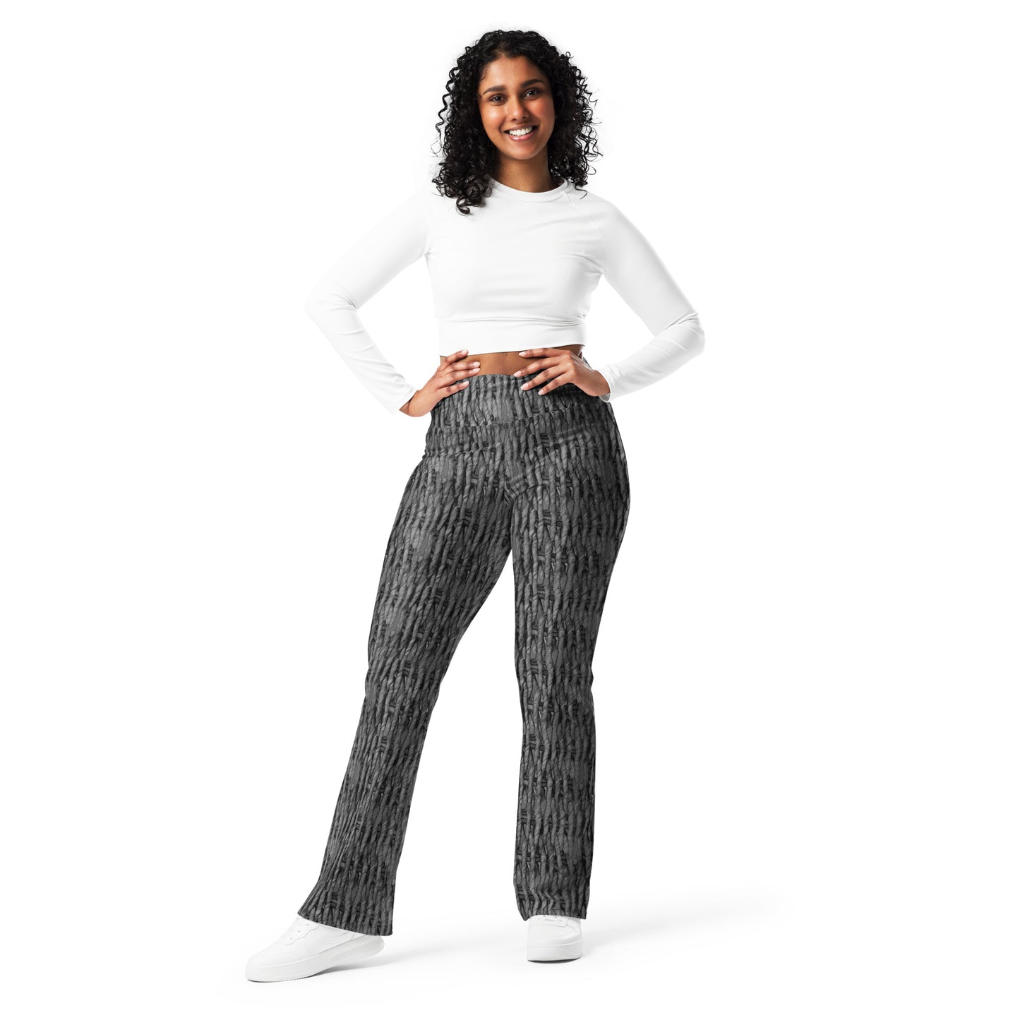 Product mockup, trousers, flared trousers, Womens fashion, Online fashion, textured, prints, Elevated basics, versatile wardrobe, breathable, essentials, basics, full length, comfy, all over prints, matching sets, flared leggings, high waist