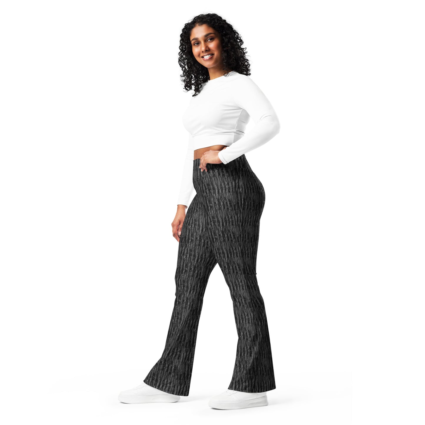 Product mockup, trousers, flared trousers, Womens fashion, Online fashion, textured, prints, Elevated basics, versatile wardrobe, breathable, essentials, basics, full length, comfy, all over prints, matching sets, flared leggings, high waist