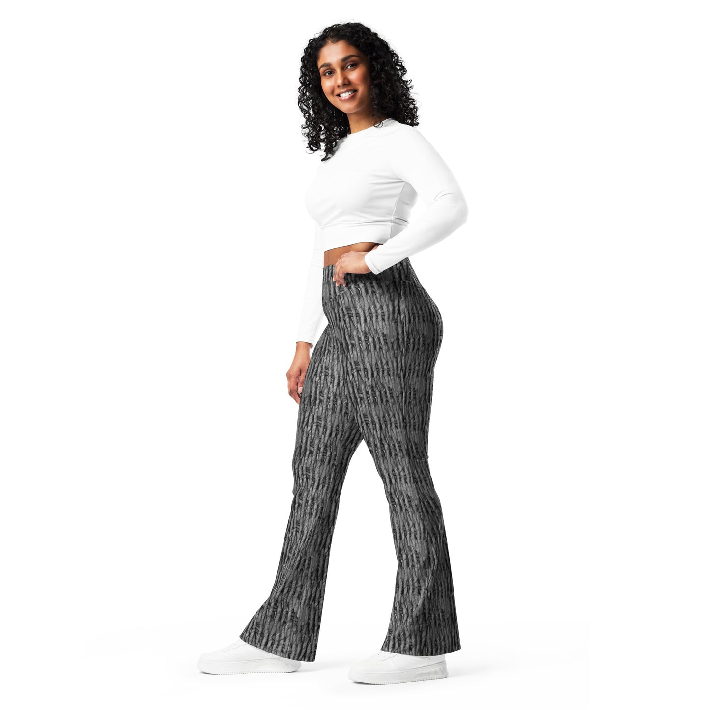 Product mockup, trousers, flared trousers, Womens fashion, Online fashion, textured, prints, Elevated basics, versatile wardrobe, breathable, essentials, basics, full length, comfy, all over prints, matching sets, flared leggings, high waist