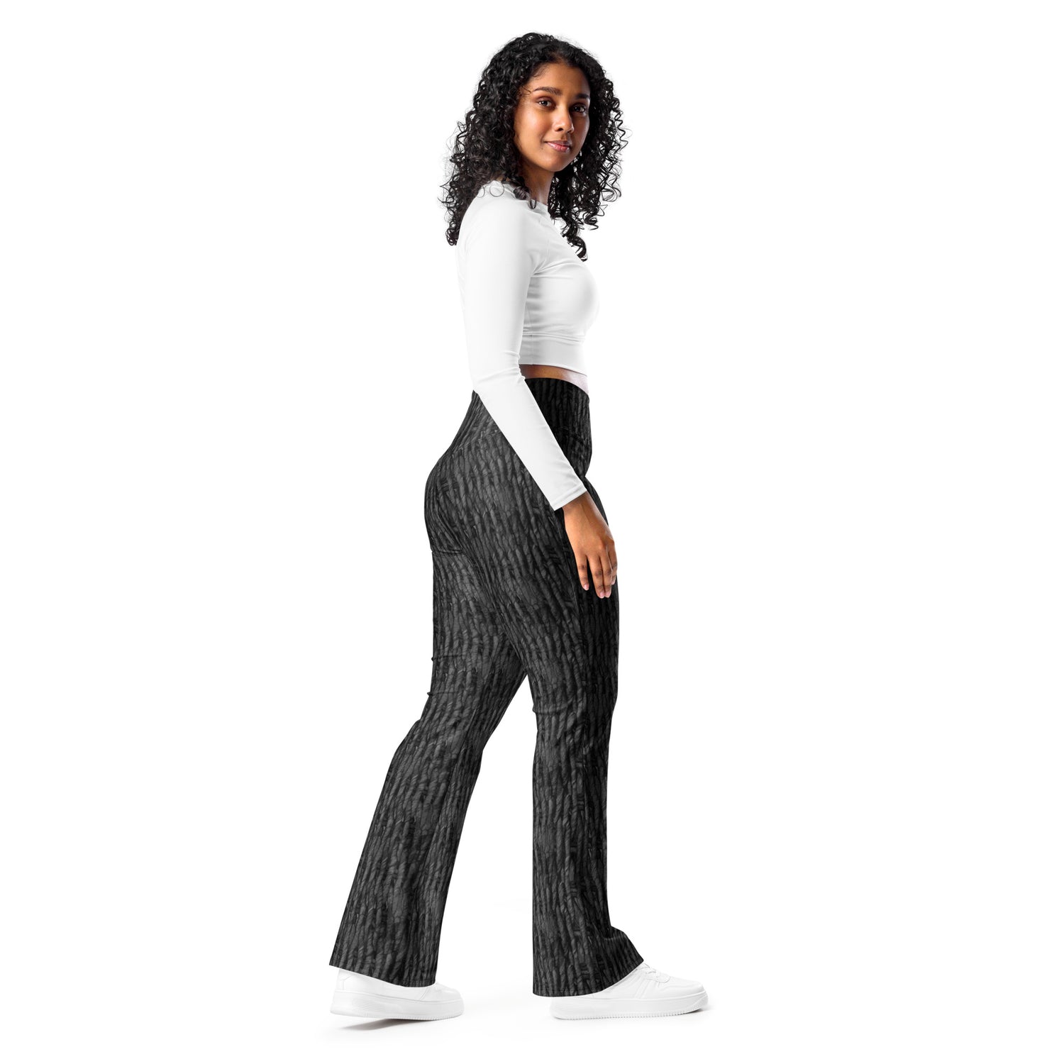 Product mockup, trousers, flared trousers, Womens fashion, Online fashion, textured, prints, Elevated basics, versatile wardrobe, breathable, essentials, basics, full length, comfy, all over prints, matching sets, flared leggings, high waist