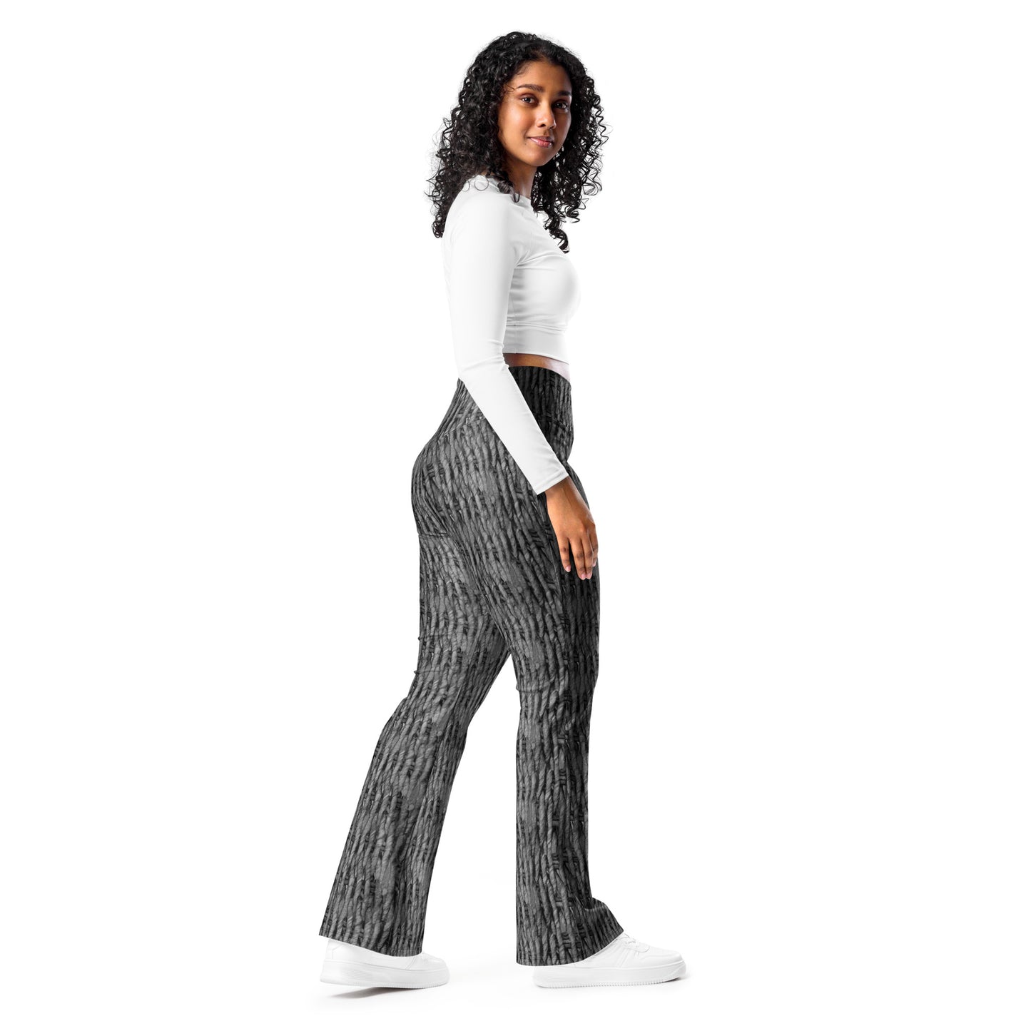 Product mockup, trousers, flared trousers, Womens fashion, Online fashion, textured, prints, Elevated basics, versatile wardrobe, breathable, essentials, basics, full length, comfy, all over prints, matching sets, flared leggings, high waist