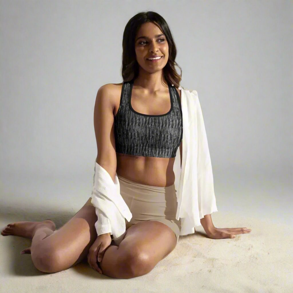 Product mockup, sports bra, skater look, workout, training gear, sportscore, yoga, pilates, running, gym, tennis, Womens fashion, Online fashion, textured, Elevated basics, versatile wardrobe, breathable, essentials, all over print, bestsellers, lightweight, capsule collection, loungewear, comfort