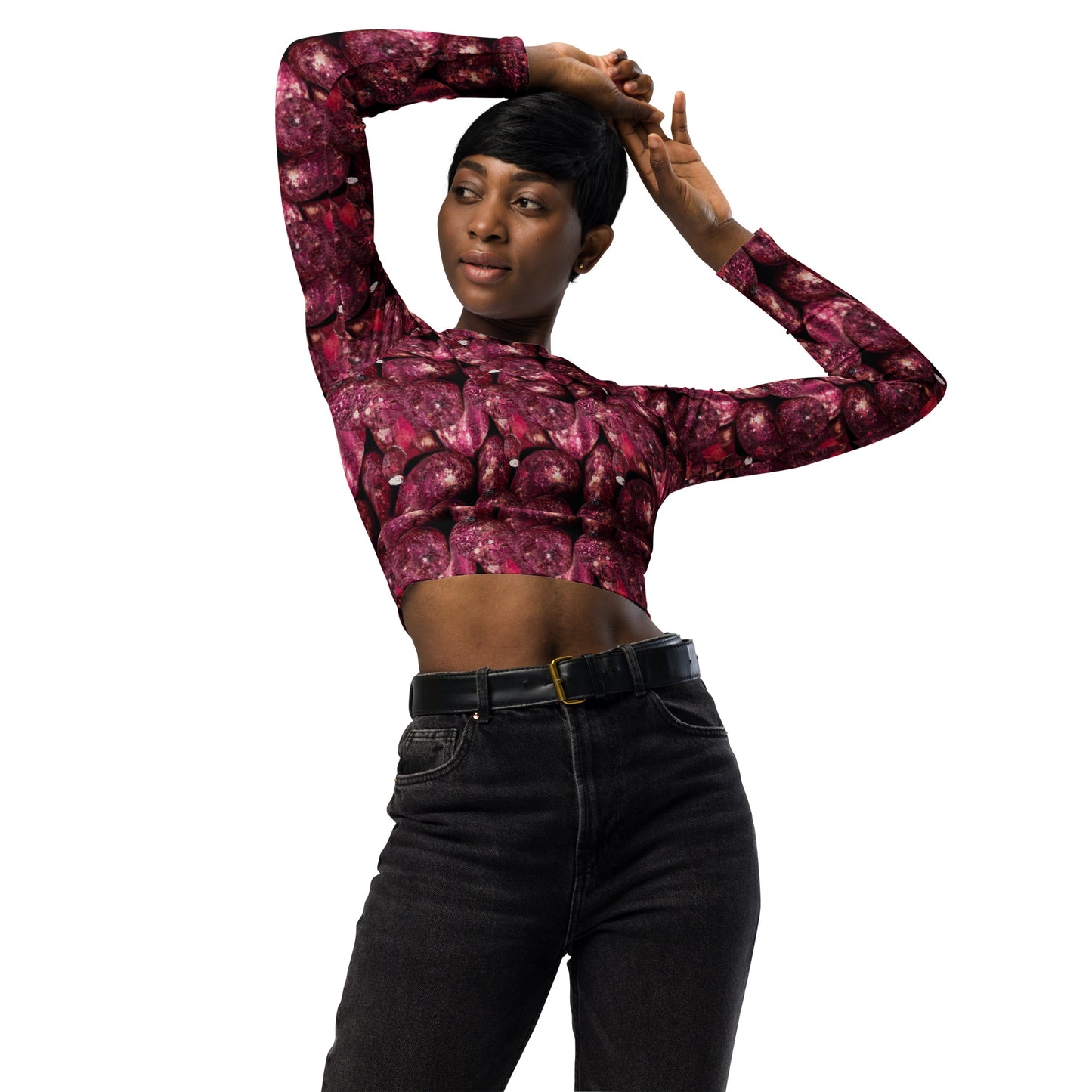 Product mockup, Sweatshirts, cropped top, Womens fashion, Online fashion, Tops, textured, Elevated basics, versatile wardrobe, breathable, essentials, workout, yoga clothes, fullsleeves, cropped, potato prints, all over print, bestsellers, lightweight, capsule collection, loungewear, pink potatoes, pink prints
