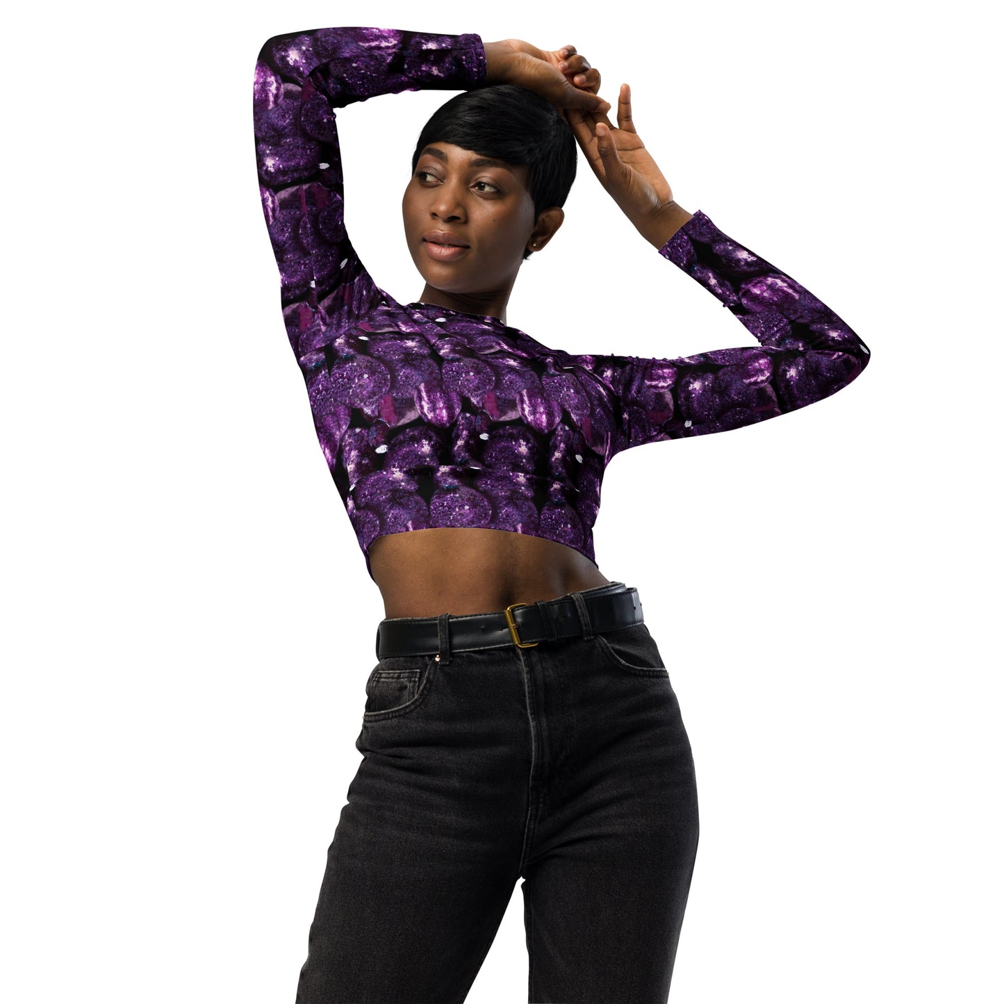 Product mockup, Sweatshirts, cropped top, Womens fashion, Online fashion, Tops, textured, Elevated basics, versatile wardrobe, breathable, essentials, workout, yoga clothes, fullsleeves, cropped, potato prints, all over print, bestsellers, lightweight, capsule collection, loungewear, purple potatoes, purple prints