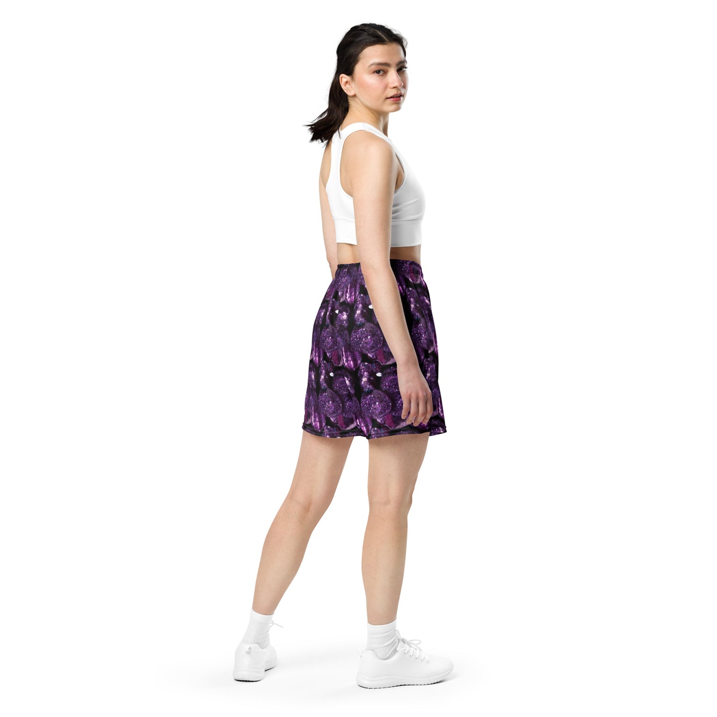 Product mockup, shorts, yoga, running, workout, gym, loose shorts, boxyfit, casual look, Womens fashion, Online fashion, textured, Elevated basics, versatile wardrobe, breathable, essentials, all over print, bestsellers, lightweight, capsule collection, running, workout, comfort, purple potatoes, potato prints