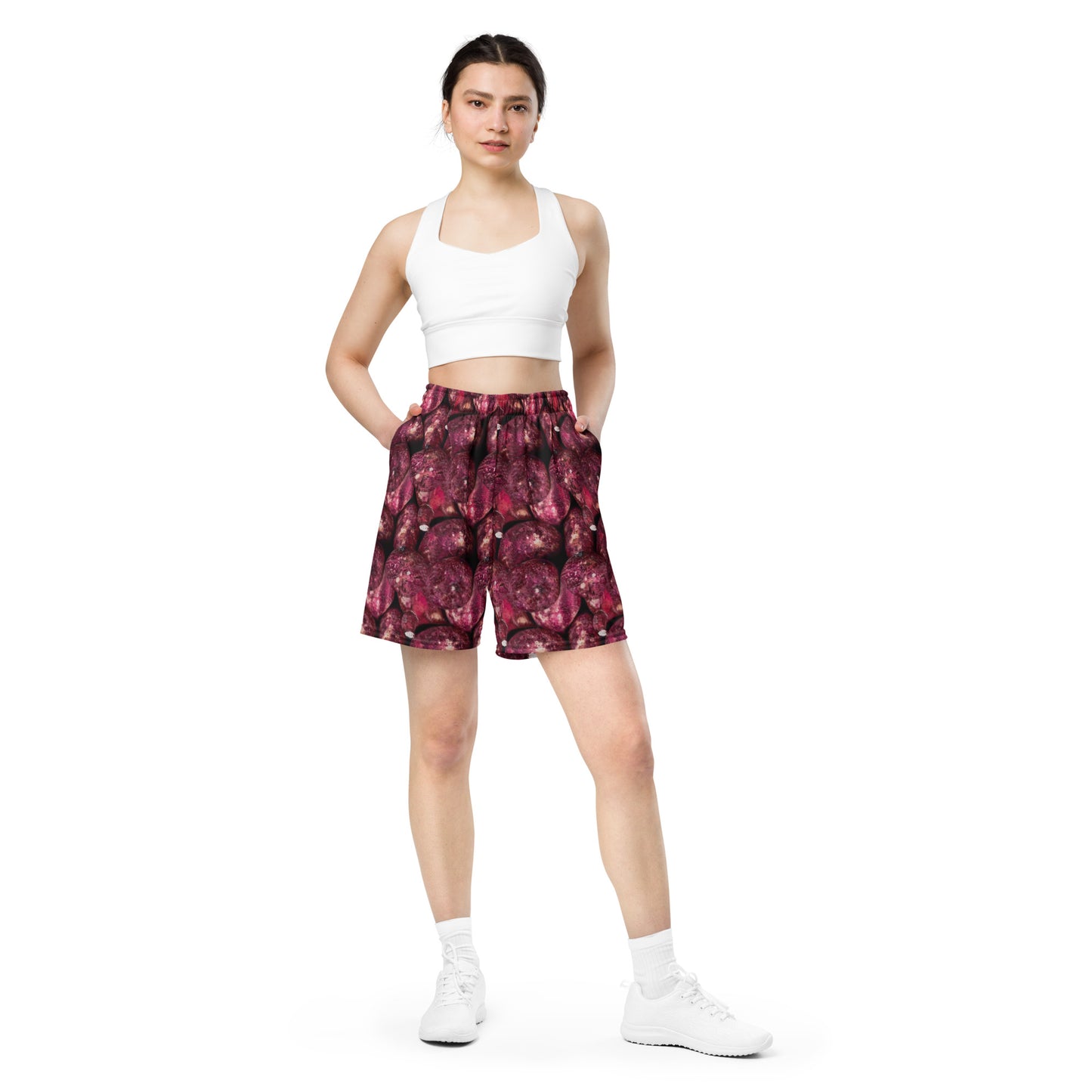 Product mockup, shorts, yoga, running, workout, gym, loose shorts, boxyfit, casual look, Womens fashion, Online fashion, textured, Elevated basics, versatile wardrobe, breathable, essentials, all over print, bestsellers, lightweight, capsule collection, running, workout, comfort, pink potatoes, potato prints
