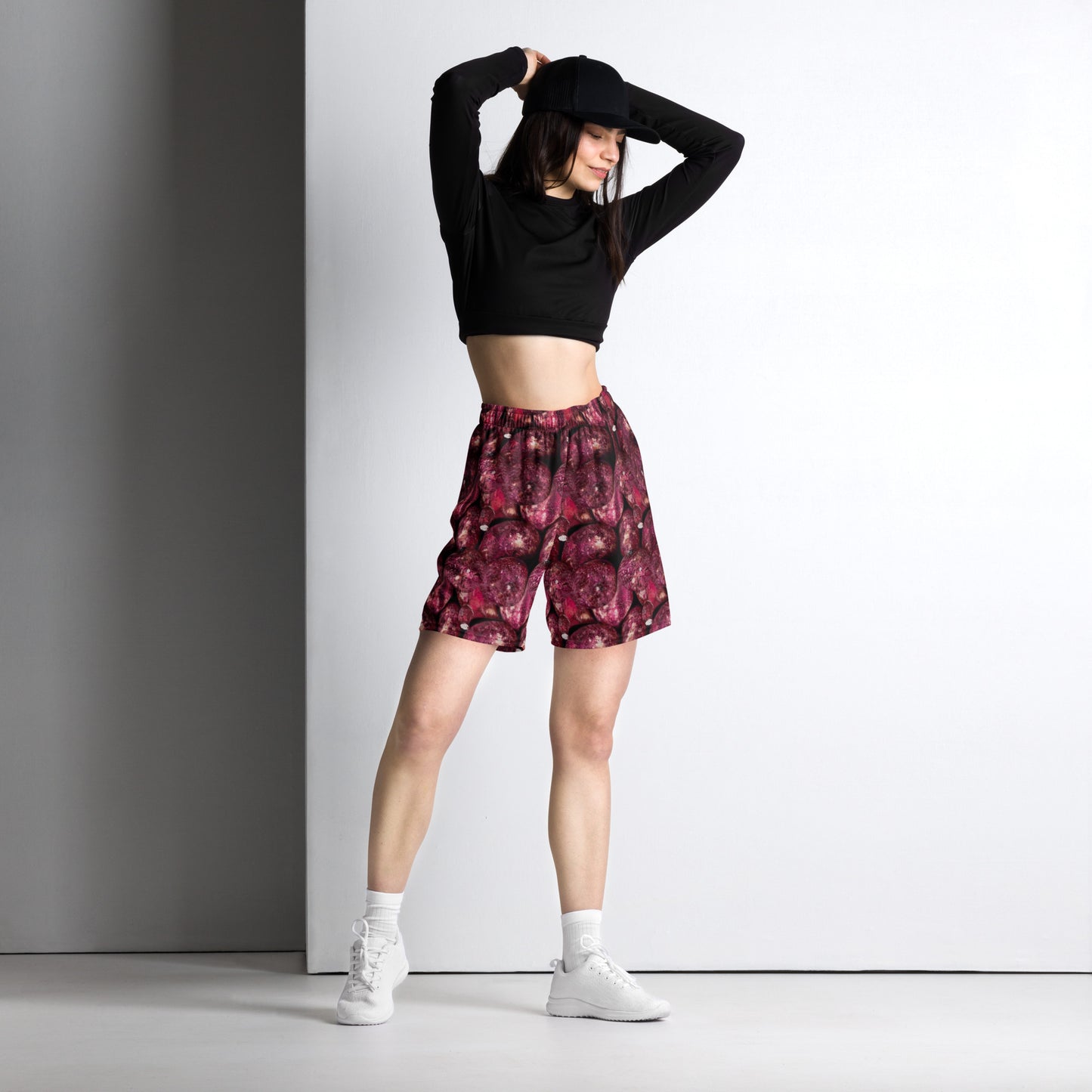 Product mockup, shorts, yoga, running, workout, gym, loose shorts, boxyfit, casual look, Womens fashion, Online fashion, textured, Elevated basics, versatile wardrobe, breathable, essentials, all over print, bestsellers, lightweight, capsule collection, running, workout, comfort, pink potatoes, potato prints