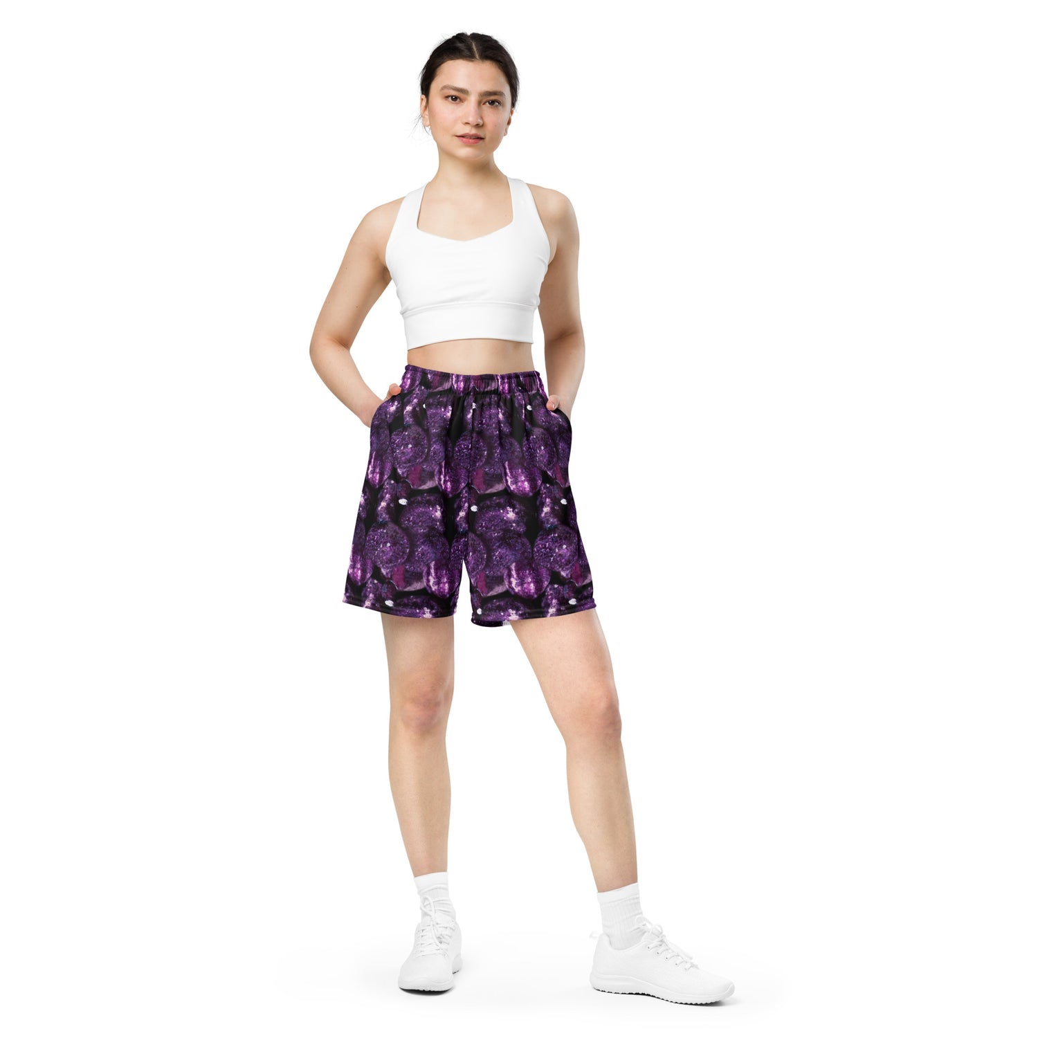 Product mockup, shorts, yoga, running, workout, gym, loose shorts, boxyfit, casual look, Womens fashion, Online fashion, textured, Elevated basics, versatile wardrobe, breathable, essentials, all over print, bestsellers, lightweight, capsule collection, running, workout, comfort, purple potatoes, potato prints