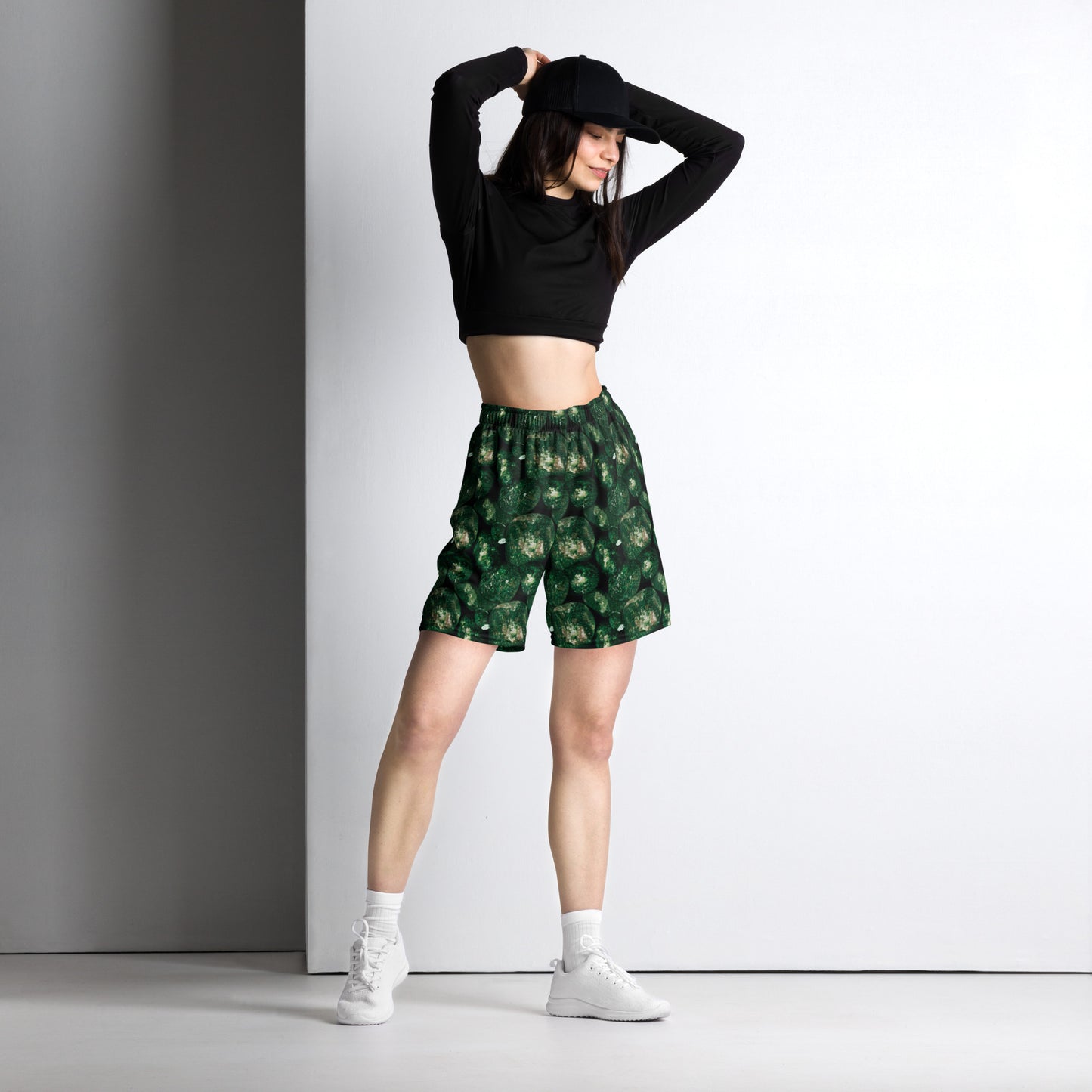 Product mockup, shorts, yoga, running, workout, gym, loose shorts, boxyfit, casual look, Womens fashion, Online fashion, textured, Elevated basics, versatile wardrobe, breathable, essentials, all over print, bestsellers, lightweight, capsule collection, running, workout, comfort, green potatoes, potato prints