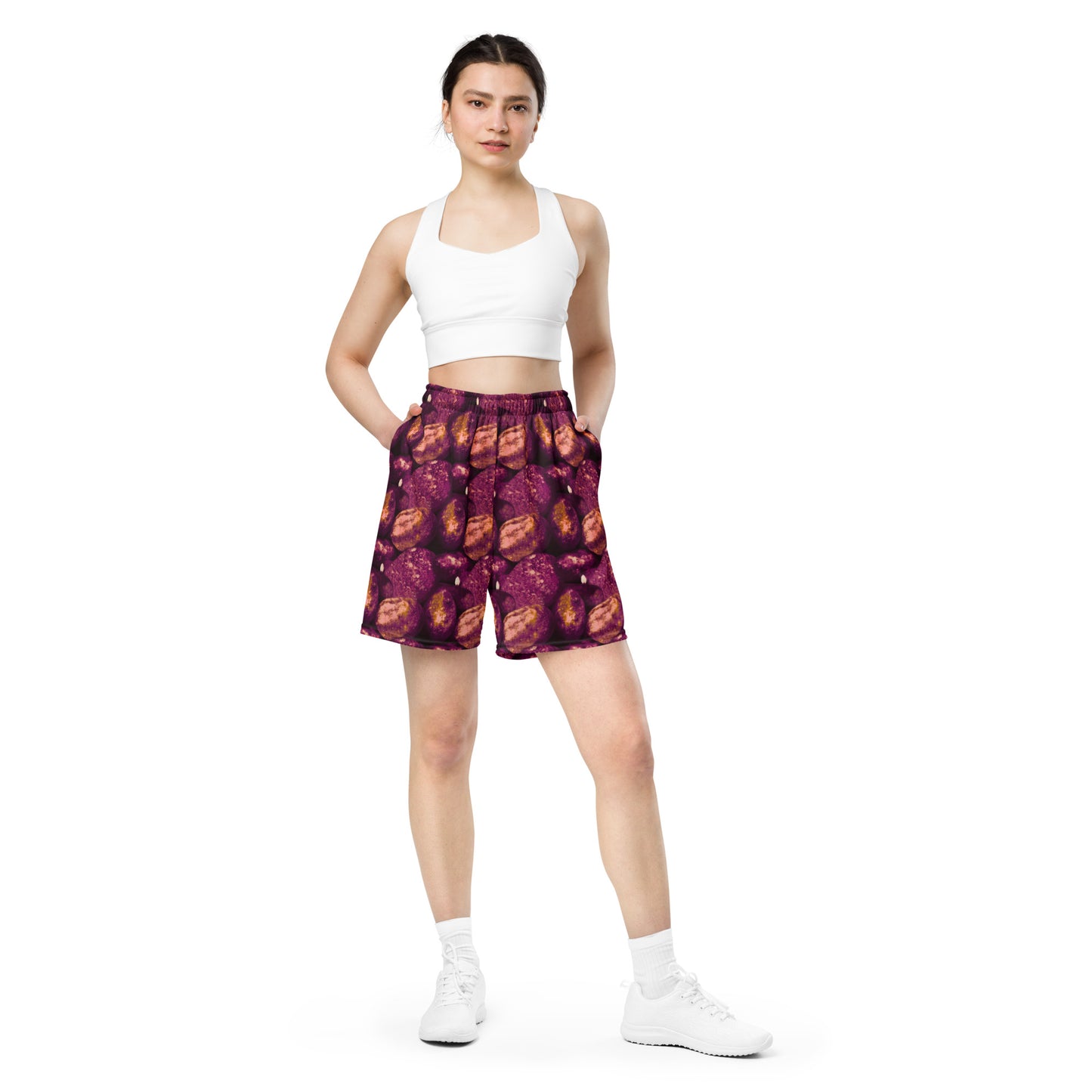 Product mockup, shorts, yoga, running, workout, gym, loose shorts, boxyfit, casual look, Womens fashion, Online fashion, textured, Elevated basics, versatile wardrobe, breathable, essentials, all over print, bestsellers, lightweight, capsule collection, running, workout, comfort, pink potatoes, potato prints