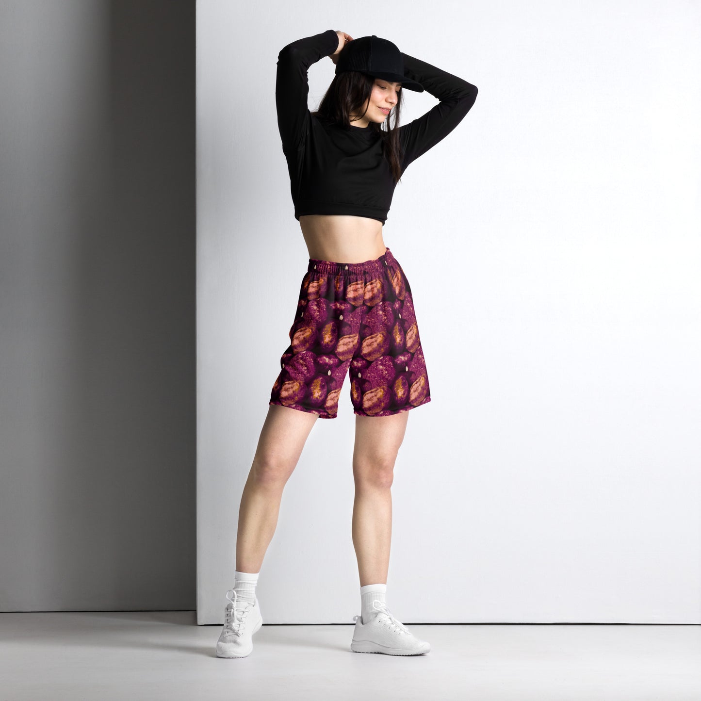 Product mockup, shorts, yoga, running, workout, gym, loose shorts, boxyfit, casual look, Womens fashion, Online fashion, textured, Elevated basics, versatile wardrobe, breathable, essentials, all over print, bestsellers, lightweight, capsule collection, running, workout, comfort, pink potatoes, potato prints