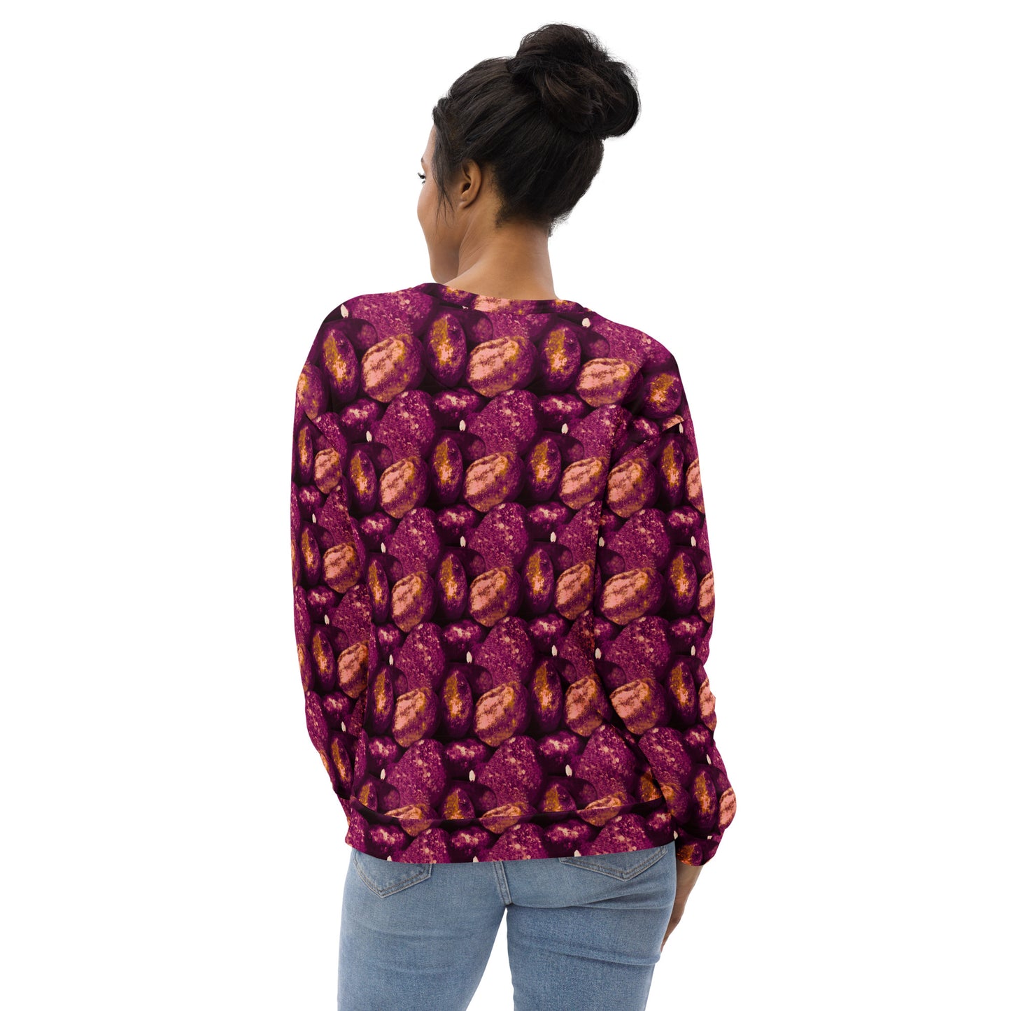 Product mockup, Sweatshirts, Womens fashion, Online fashion, Tops, textured, Elevated basics, versatile wardrobe, breathable, essentials, workout, yoga clothes, full length, training gear, round neck, pink potatoes, potato prints
