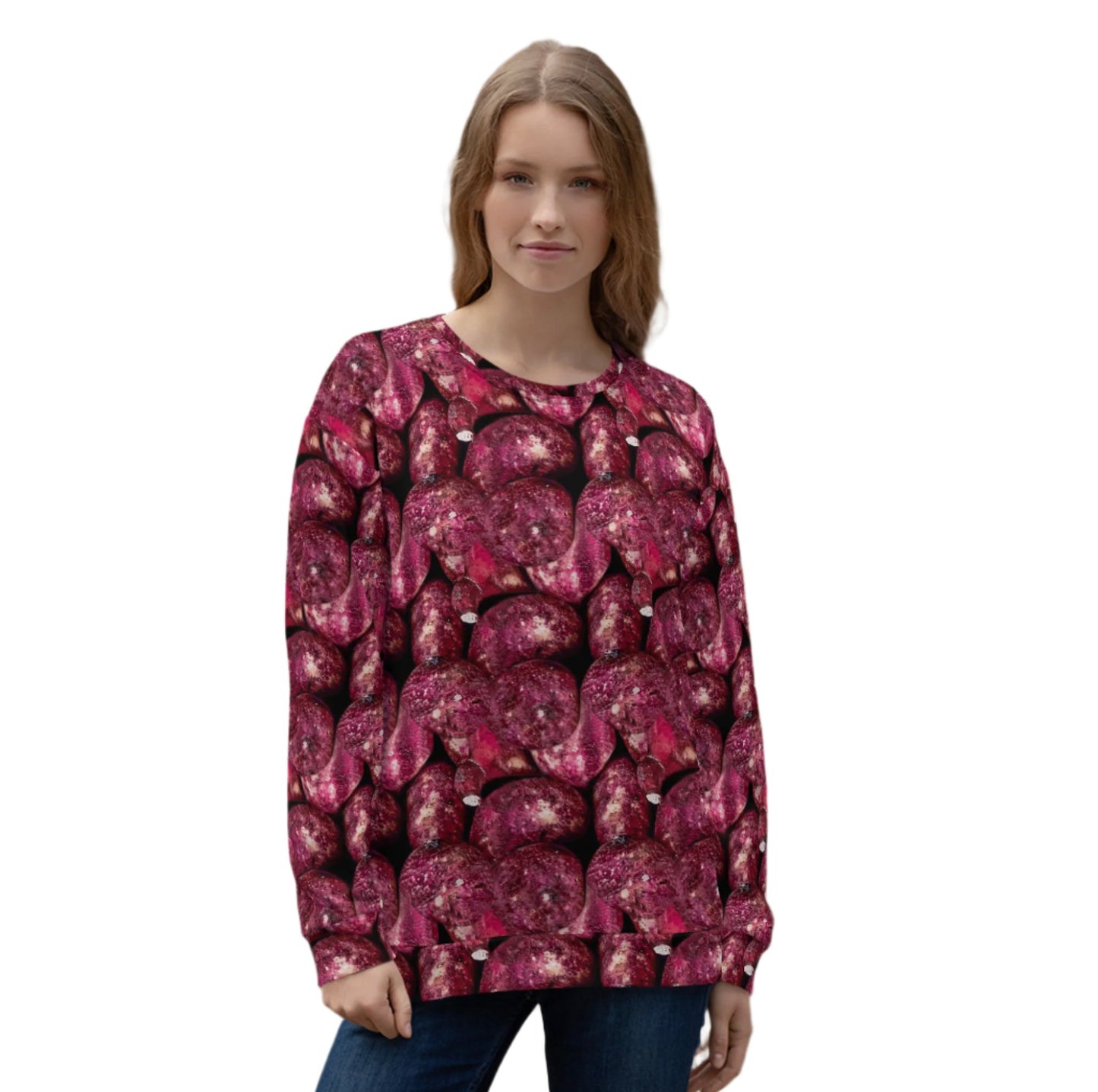 Product mockup, Sweatshirts, Womens fashion, Online fashion, Tops, textured, Elevated basics, versatile wardrobe, breathable, essentials, workout, yoga clothes, full length, training gear, round neck, pink potatoes, potato prints