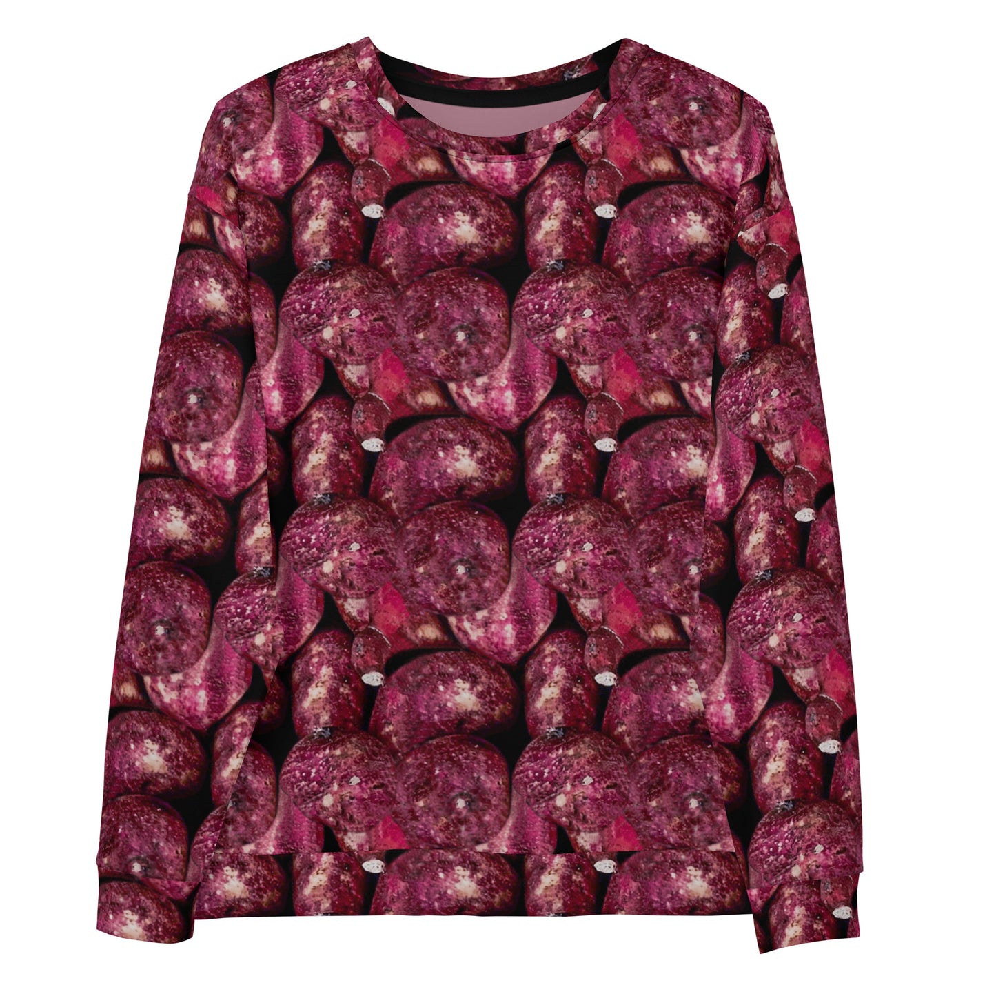 Product mockup, Sweatshirts, Womens fashion, Online fashion, Tops, textured, Elevated basics, versatile wardrobe, breathable, essentials, workout, yoga clothes, full length, training gear, round neck, pink potatoes, potato prints