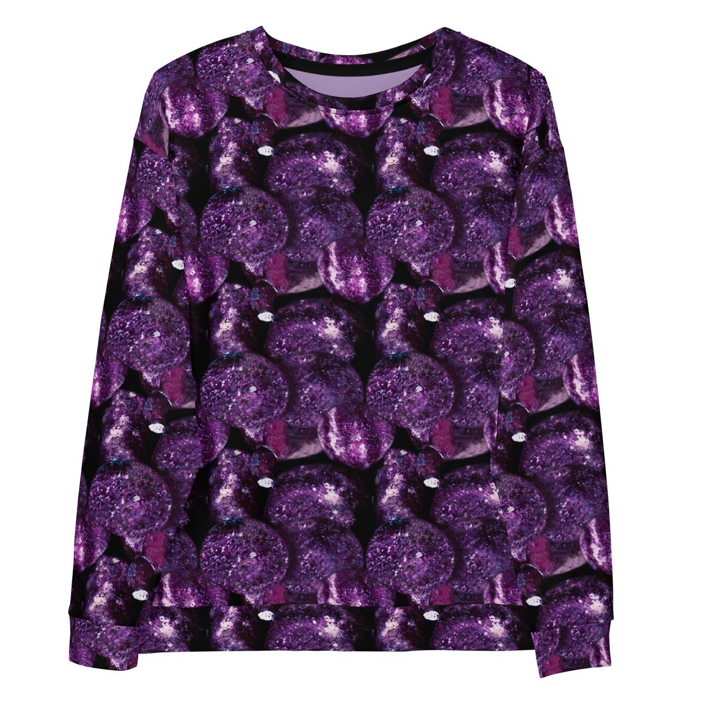 Product mockup, Sweatshirts, Womens fashion, Online fashion, Tops, textured, Elevated basics, versatile wardrobe, breathable, essentials, workout, yoga clothes, full length, training gear, round neck, purple potatoes, potato prints