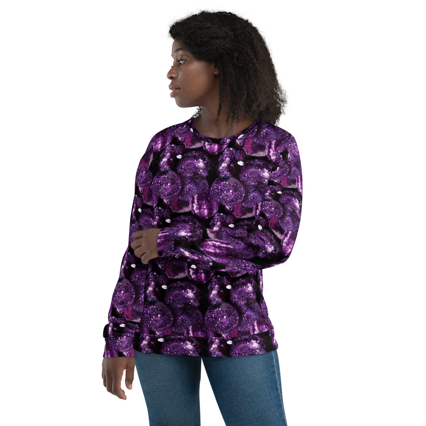 Product mockup, Sweatshirts, Womens fashion, Online fashion, Tops, textured, Elevated basics, versatile wardrobe, breathable, essentials, workout, yoga clothes, full length, training gear, round neck, purple potatoes, potato prints