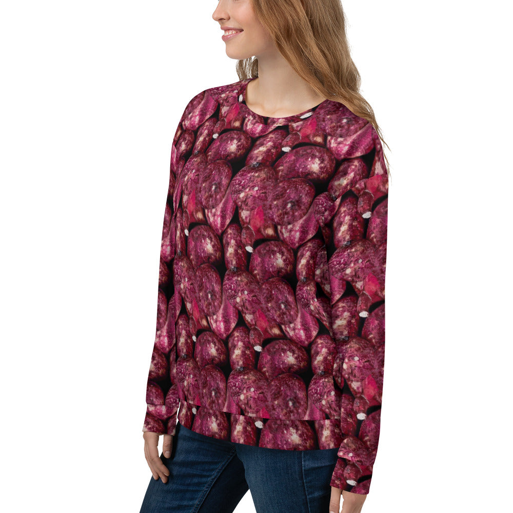 Product mockup, Sweatshirts, Womens fashion, Online fashion, Tops, textured, Elevated basics, versatile wardrobe, breathable, essentials, workout, yoga clothes, full length, training gear, round neck, pink potatoes, potato prints