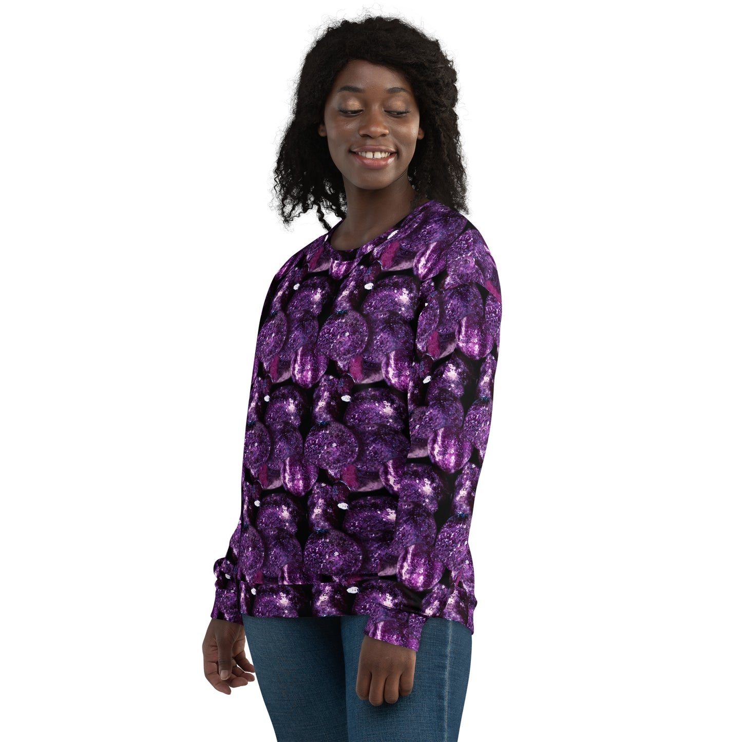 Product mockup, Sweatshirts, Womens fashion, Online fashion, Tops, textured, Elevated basics, versatile wardrobe, breathable, essentials, workout, yoga clothes, full length, training gear, round neck, purple potatoes, potato prints