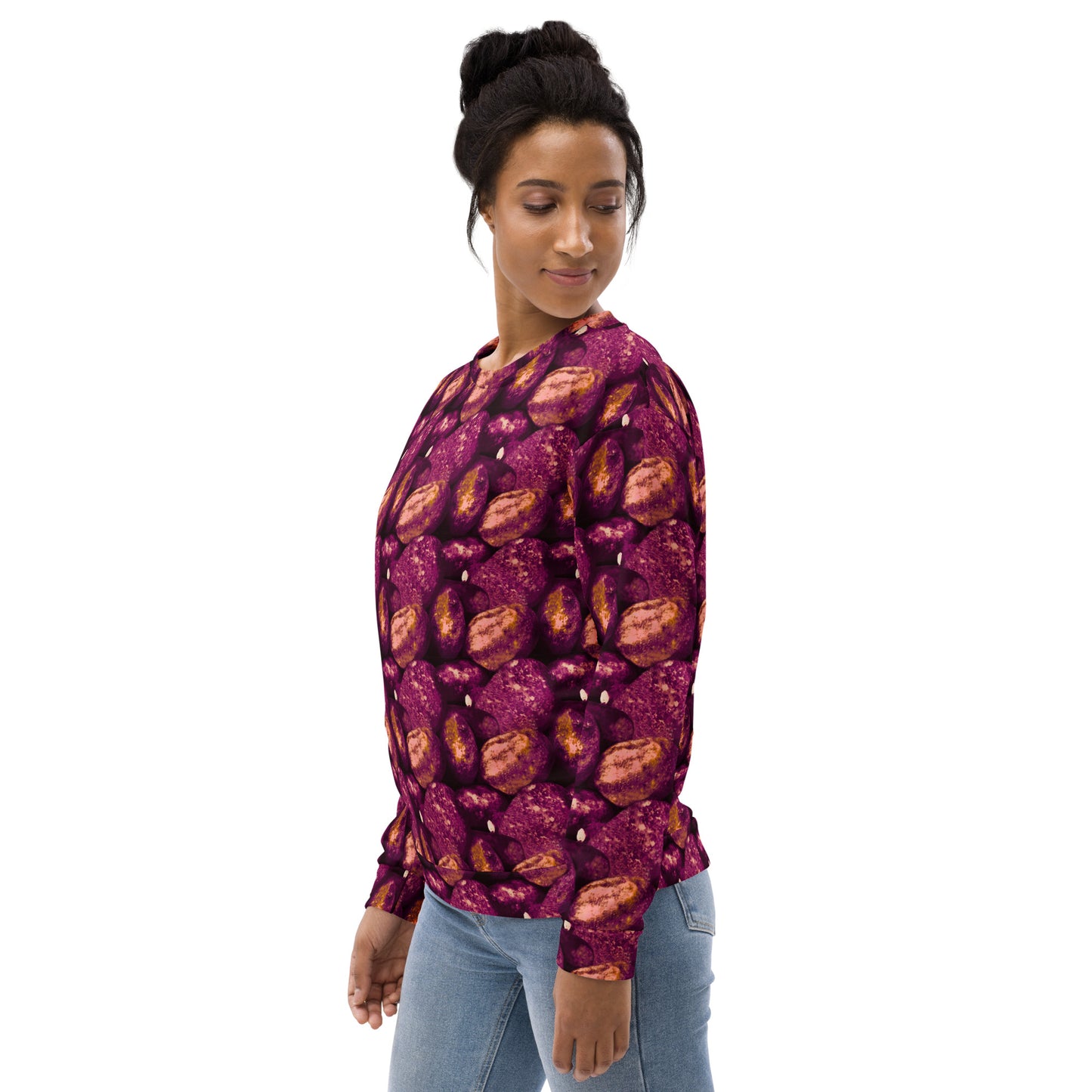 Product mockup, Sweatshirts, Womens fashion, Online fashion, Tops, textured, Elevated basics, versatile wardrobe, breathable, essentials, workout, yoga clothes, full length, training gear, round neck, pink potatoes, potato prints