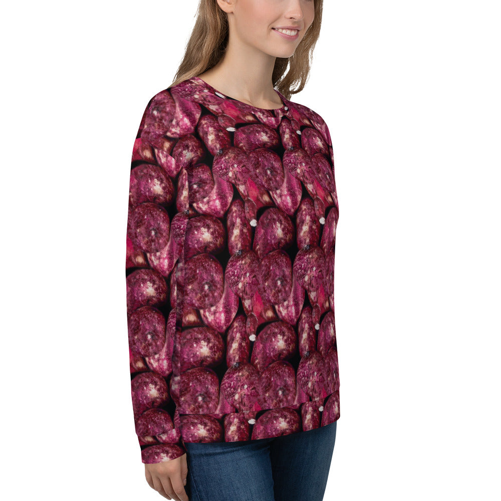 Product mockup, Sweatshirts, Womens fashion, Online fashion, Tops, textured, Elevated basics, versatile wardrobe, breathable, essentials, workout, yoga clothes, full length, training gear, round neck, pink potatoes, potato prints