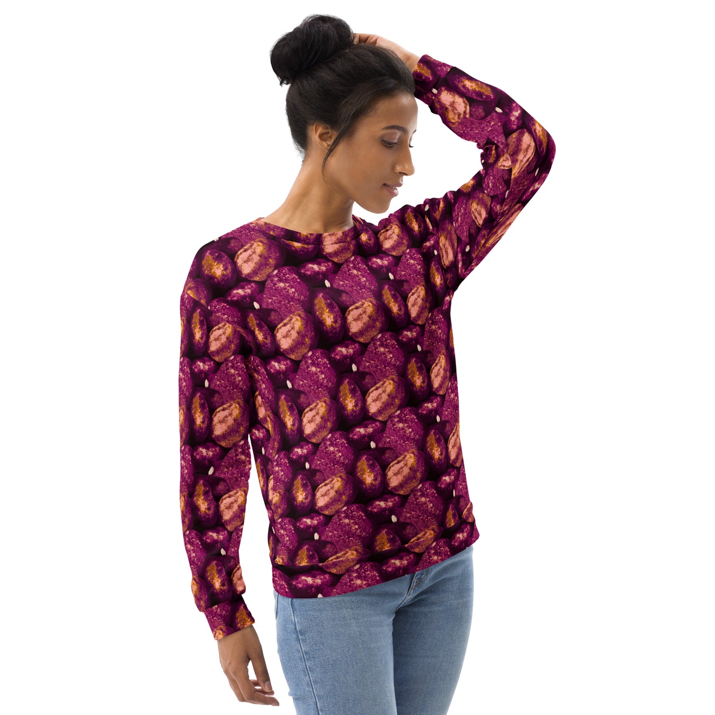Product mockup, Sweatshirts, Womens fashion, Online fashion, Tops, textured, Elevated basics, versatile wardrobe, breathable, essentials, workout, yoga clothes, full length, training gear, round neck, pink potatoes, potato prints