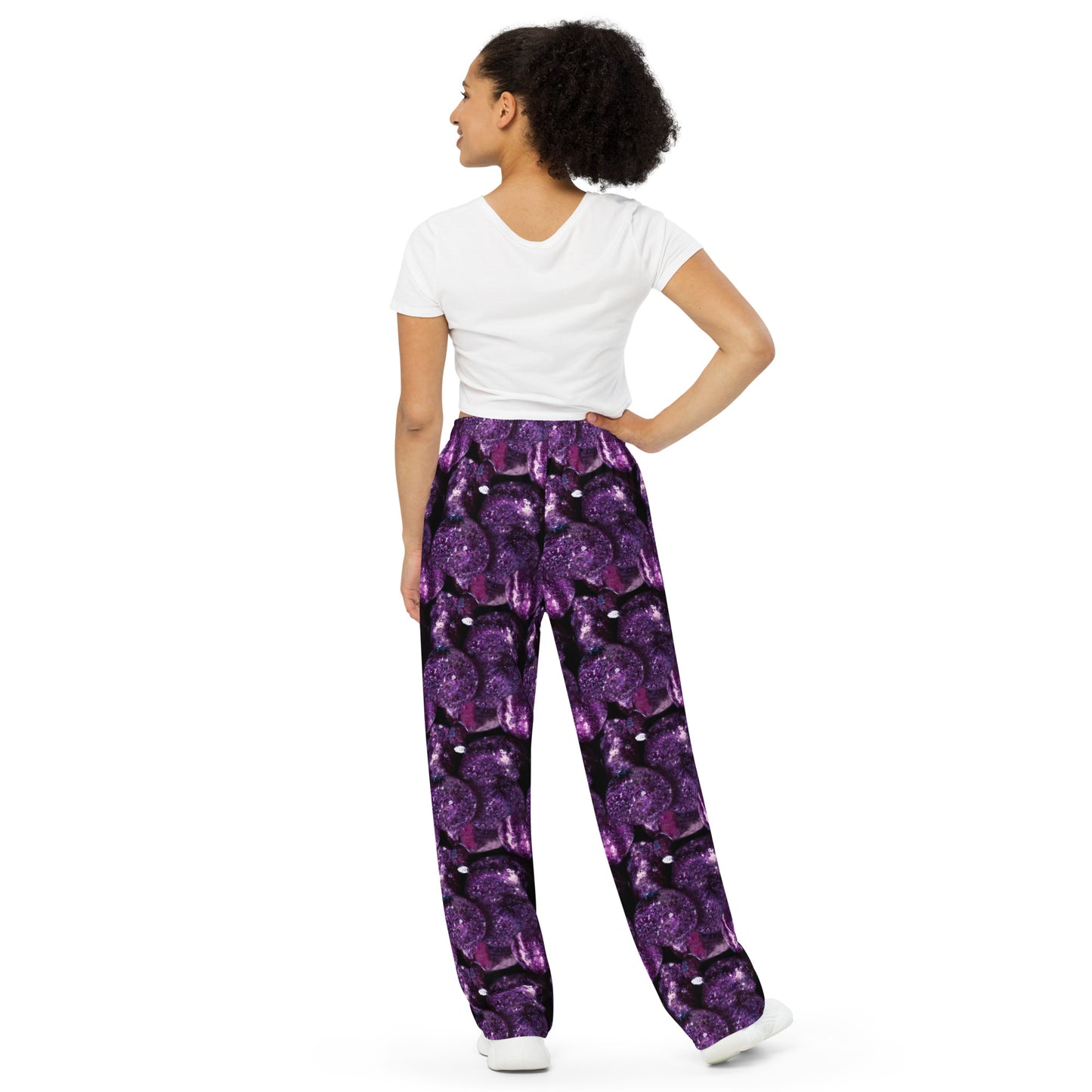 Product mockup, trousers, wide leg trousers, Womens fashion, Online fashion, textured, prints, Elevated basics, versatile wardrobe, breathable, essentials, basics, potato prints, full length, comfy, all over prints, matching sets, purple potatoes, purple