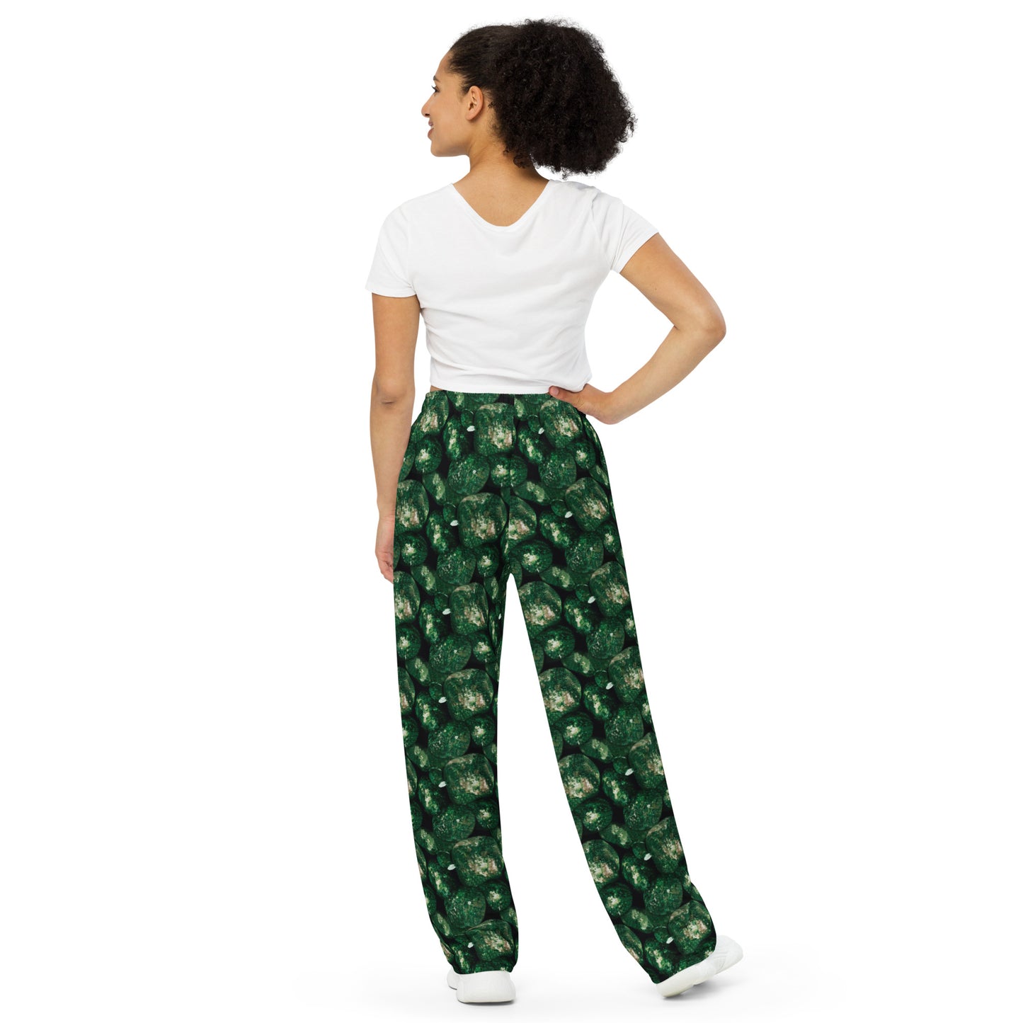 Product mockup, trousers, wide leg trousers, Womens fashion, Online fashion, textured, prints, Elevated basics, versatile wardrobe, breathable, essentials, basics, potato prints, full length, comfy, all over prints, matching sets, green potatoes, green