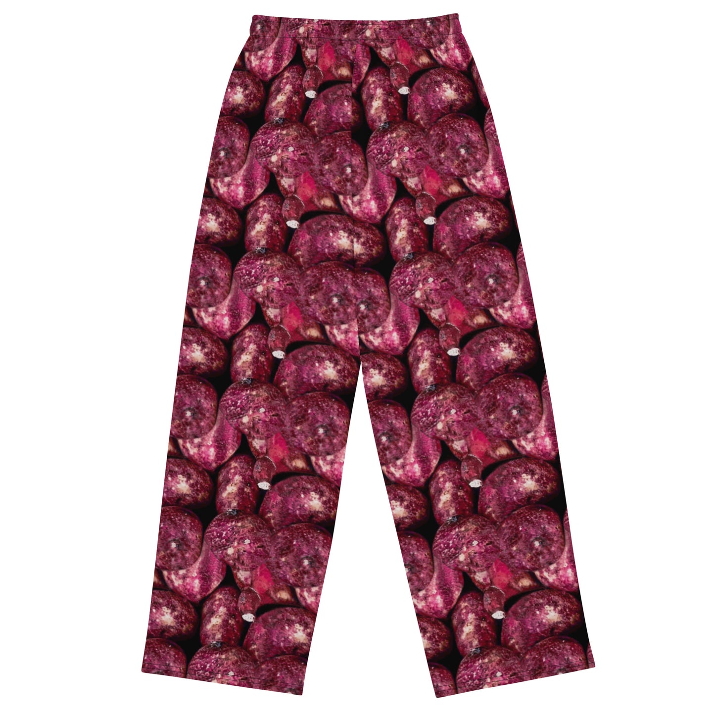 Product mockup, trousers, wide leg trousers, Womens fashion, Online fashion, textured, prints, Elevated basics, versatile wardrobe, breathable, essentials, basics, potato prints, full length, comfy, all over prints, matching sets, pink potatoes, pink
