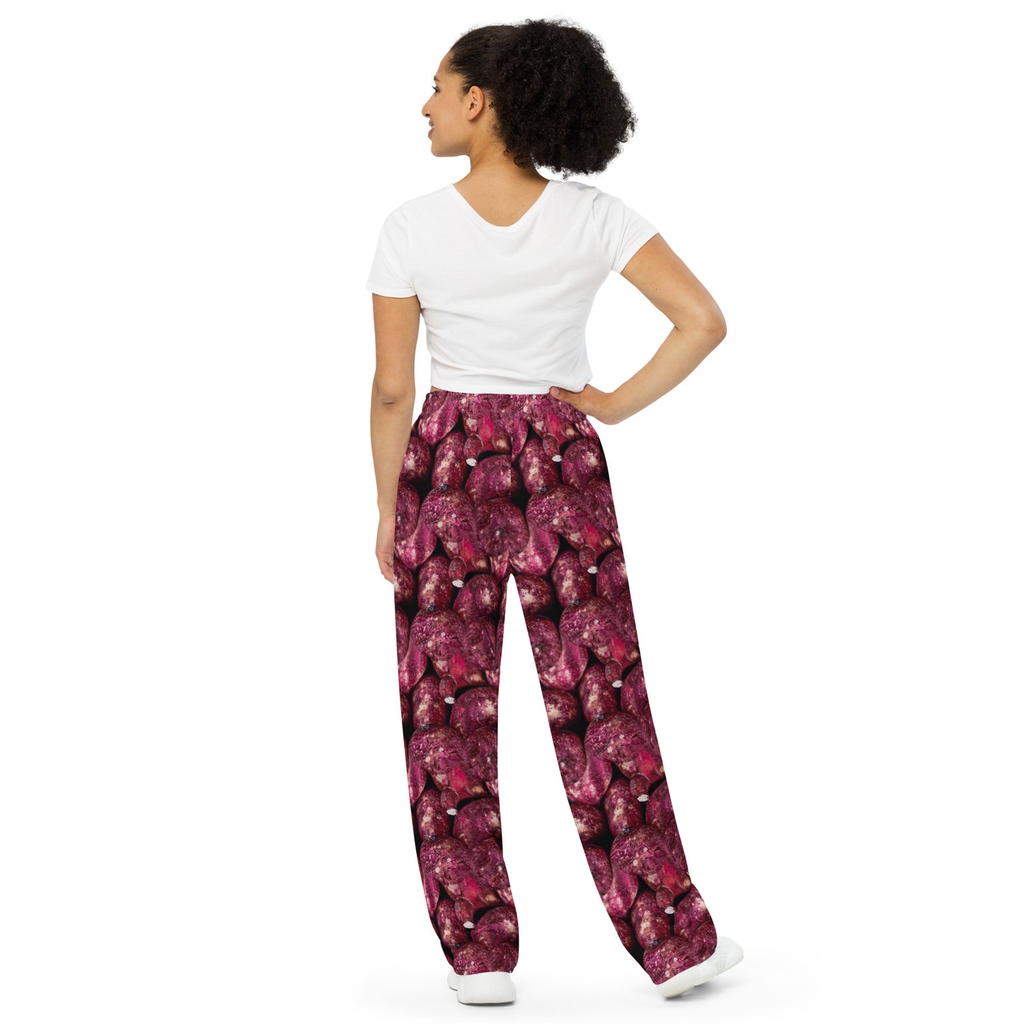 Product mockup, trousers, wide leg trousers, Womens fashion, Online fashion, textured, prints, Elevated basics, versatile wardrobe, breathable, essentials, basics, potato prints, full length, comfy, all over prints, matching sets, pink potatoes, pink