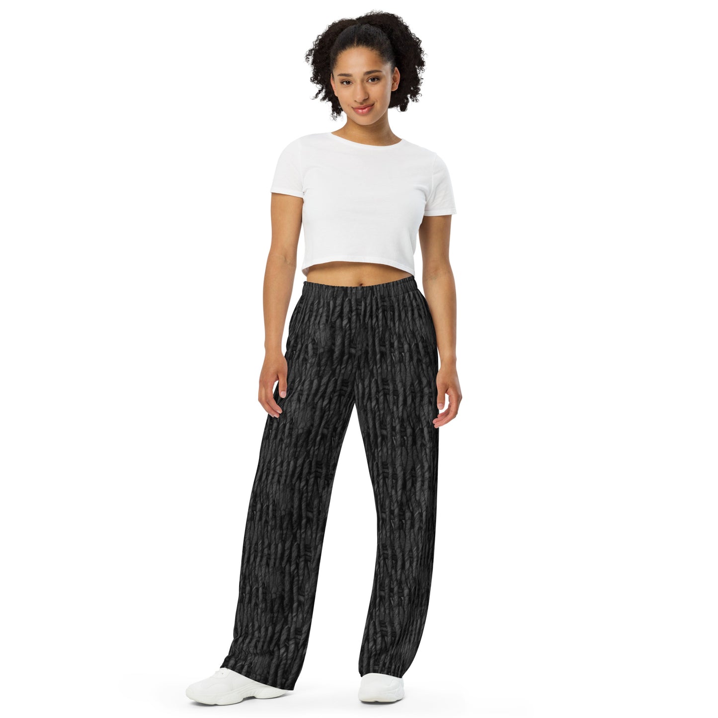 Product mockup, trousers, wide leg trousers, Womens fashion, Online fashion, textured, prints, Elevated basics, versatile wardrobe, breathable, essentials, basics, potato prints, full length, comfy, all over prints, matching sets