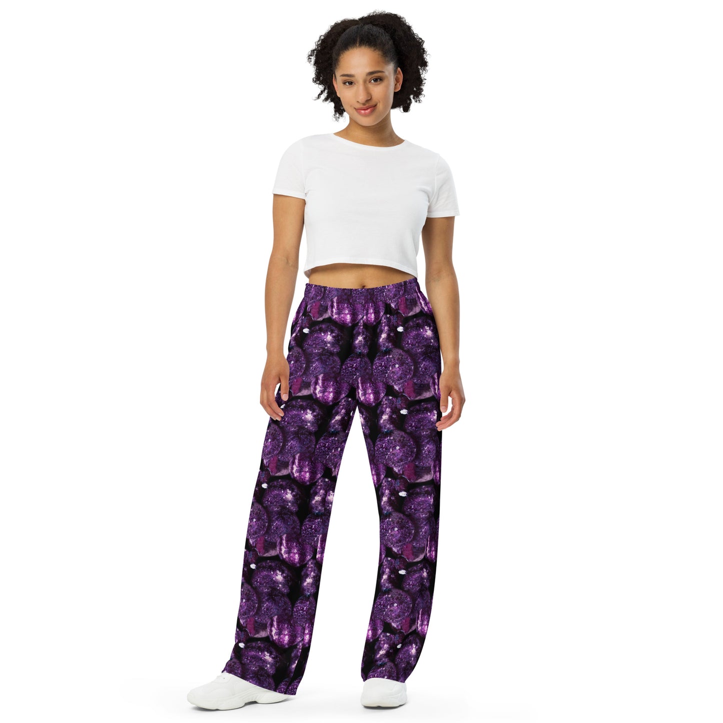 Product mockup, trousers, wide leg trousers, Womens fashion, Online fashion, textured, prints, Elevated basics, versatile wardrobe, breathable, essentials, basics, potato prints, full length, comfy, all over prints, matching sets, purple potatoes, purple
