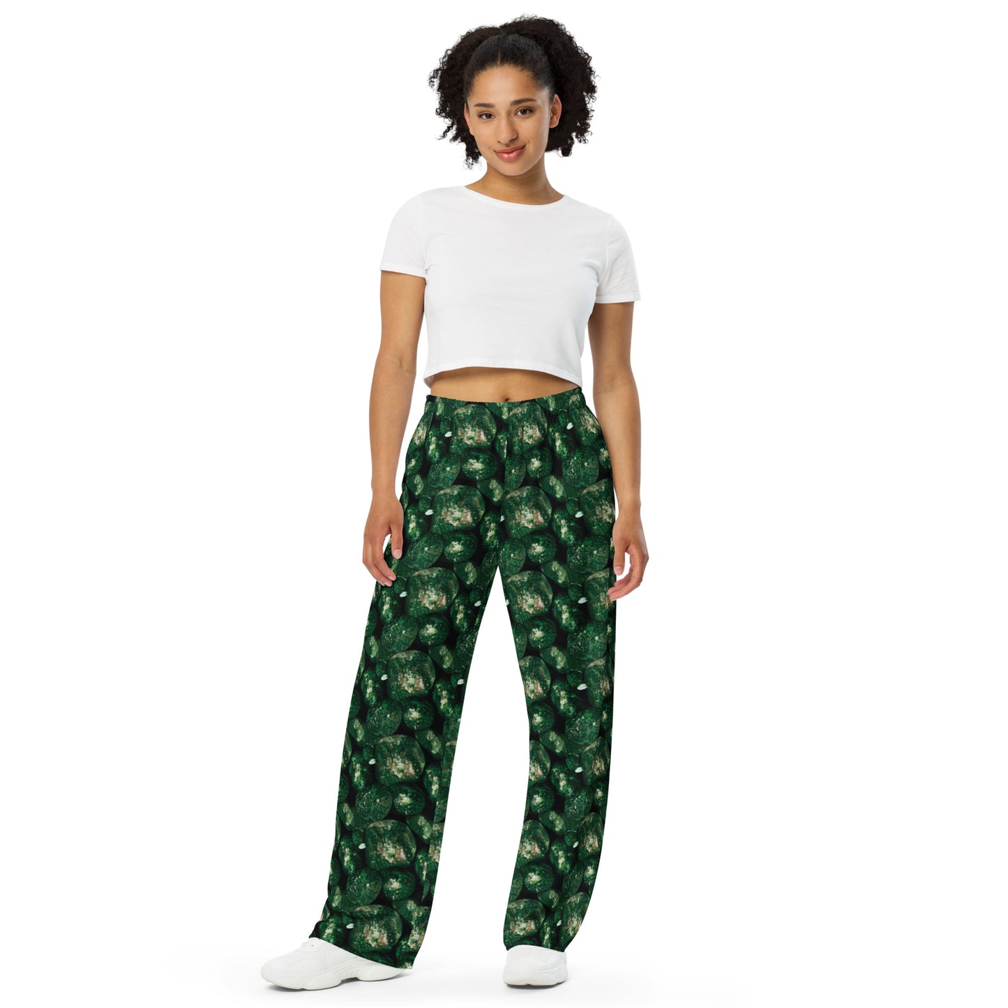Product mockup, trousers, wide leg trousers, Womens fashion, Online fashion, textured, prints, Elevated basics, versatile wardrobe, breathable, essentials, basics, potato prints, full length, comfy, all over prints, matching sets, green potatoes, green