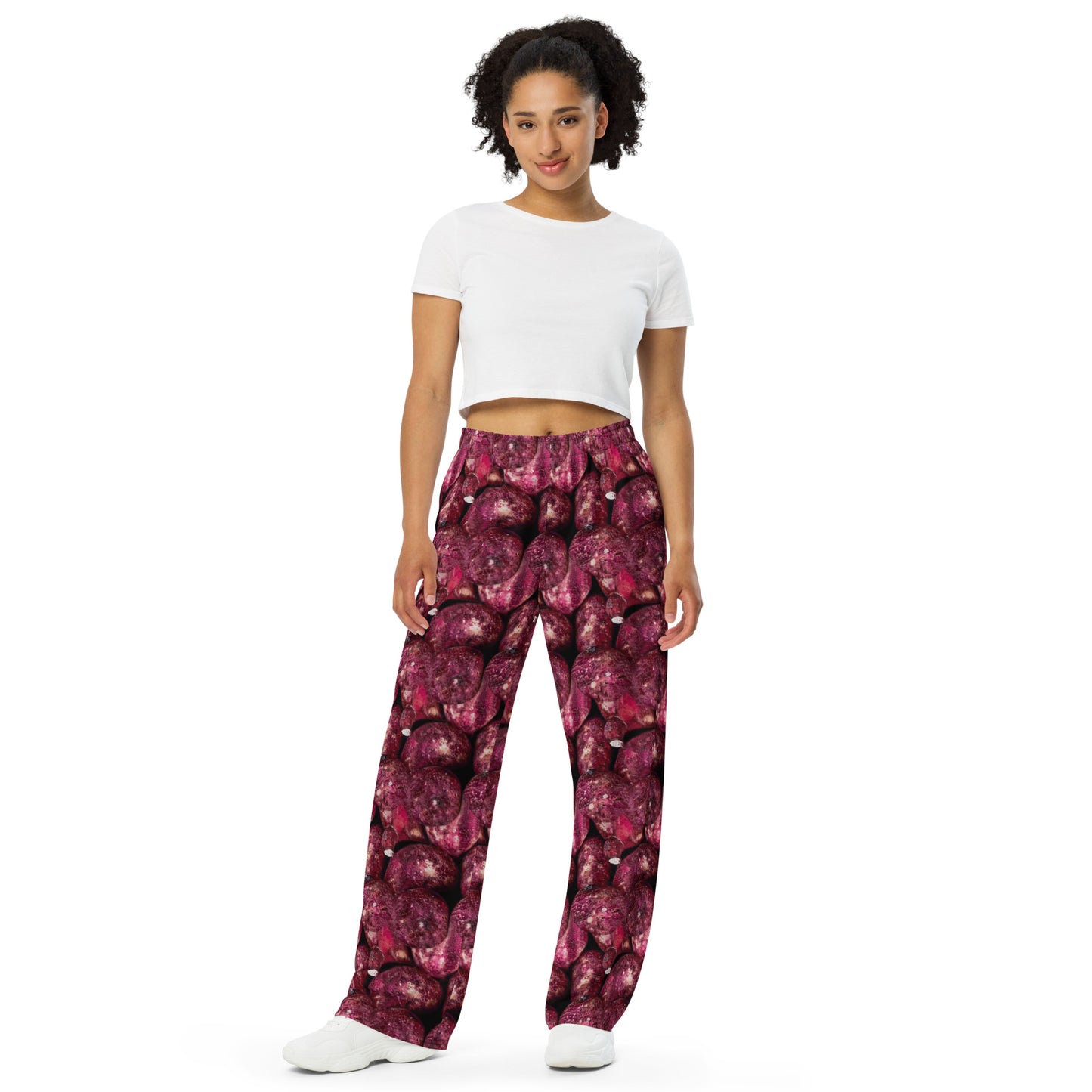 Product mockup, trousers, wide leg trousers, Womens fashion, Online fashion, textured, prints, Elevated basics, versatile wardrobe, breathable, essentials, basics, potato prints, full length, comfy, all over prints, matching sets, pink potatoes, pink