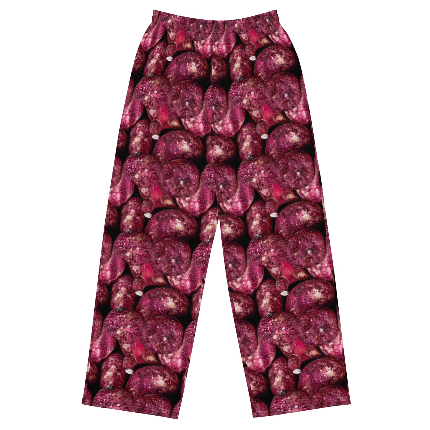 Product mockup, trousers, wide leg trousers, Womens fashion, Online fashion, textured, prints, Elevated basics, versatile wardrobe, breathable, essentials, basics, potato prints, full length, comfy, all over prints, matching sets, pink potatoes, pink