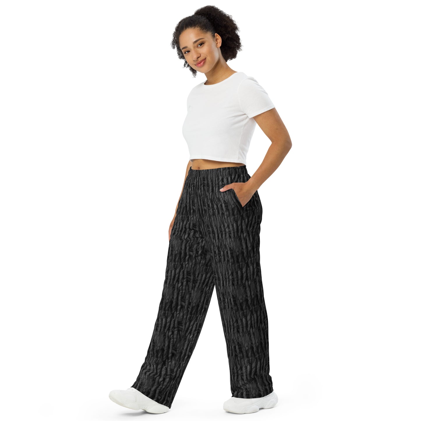 Product mockup, trousers, wide leg trousers, Womens fashion, Online fashion, textured, prints, Elevated basics, versatile wardrobe, breathable, essentials, basics, potato prints, full length, comfy, all over prints, matching sets