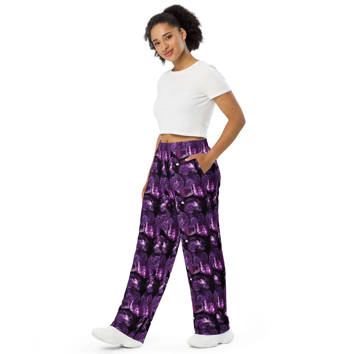 Product mockup, trousers, wide leg trousers, Womens fashion, Online fashion, textured, prints, Elevated basics, versatile wardrobe, breathable, essentials, basics, potato prints, full length, comfy, all over prints, matching sets, purple potatoes, purple