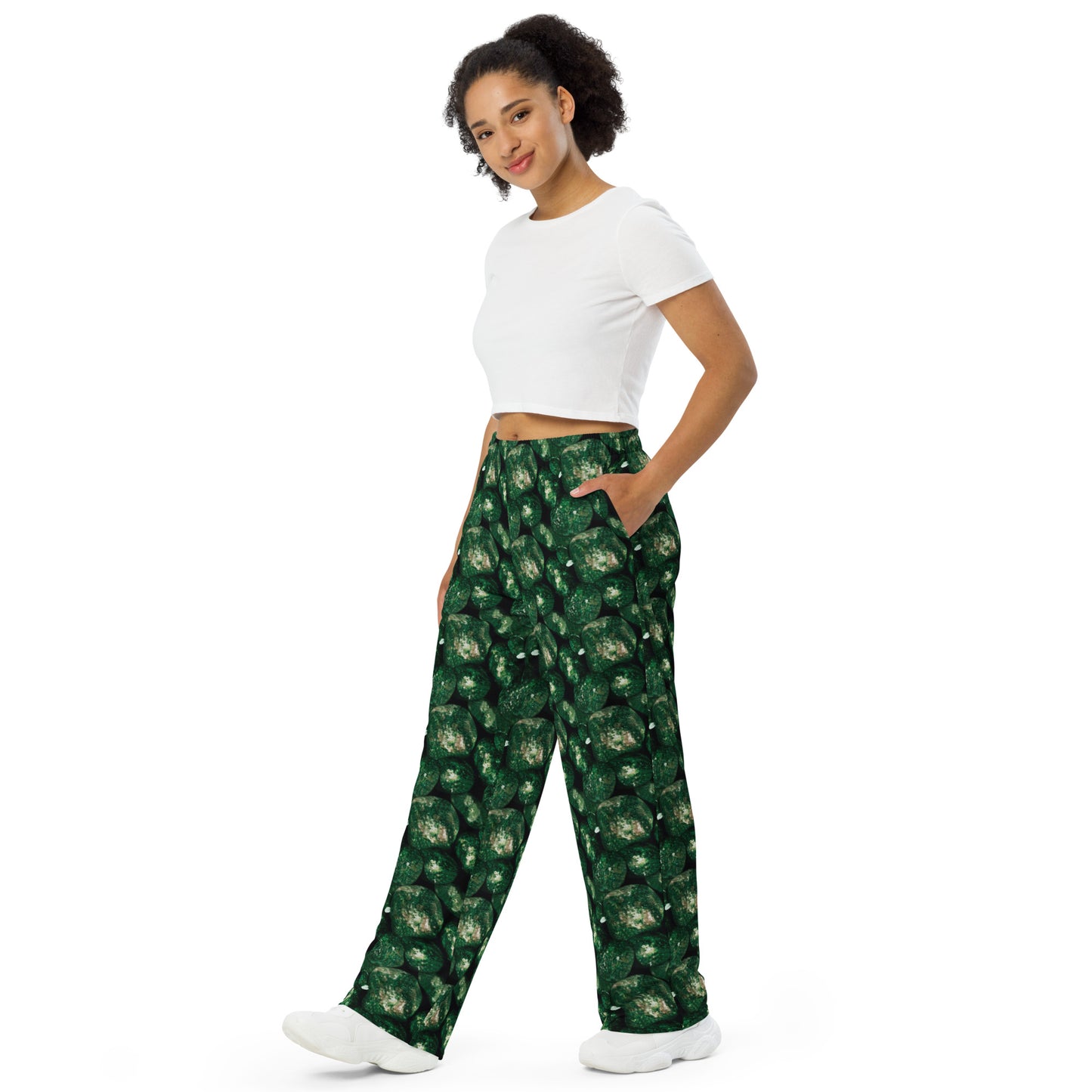Product mockup, trousers, wide leg trousers, Womens fashion, Online fashion, textured, prints, Elevated basics, versatile wardrobe, breathable, essentials, basics, potato prints, full length, comfy, all over prints, matching sets, green potatoes, green