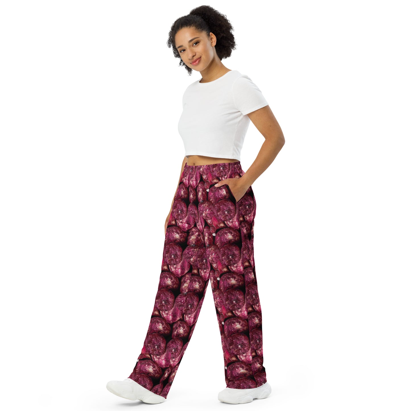Product mockup, trousers, wide leg trousers, Womens fashion, Online fashion, textured, prints, Elevated basics, versatile wardrobe, breathable, essentials, basics, potato prints, full length, comfy, all over prints, matching sets, pink potatoes, pink