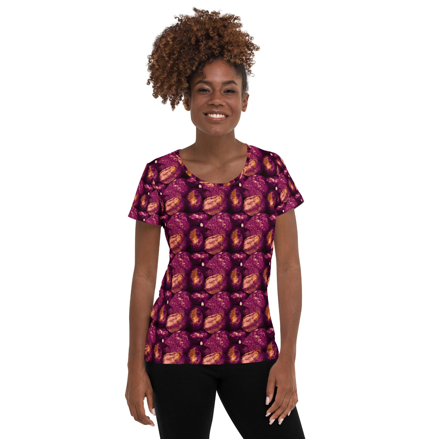 Product mockup, tshirts, Womens fashion, Online fashion, Tops, regular fit, textured, Elevated basics, versatile wardrobe, breathable, essentials, workout, yoga clothes, full length, training gear, round neck, pink potatoes, potato prints