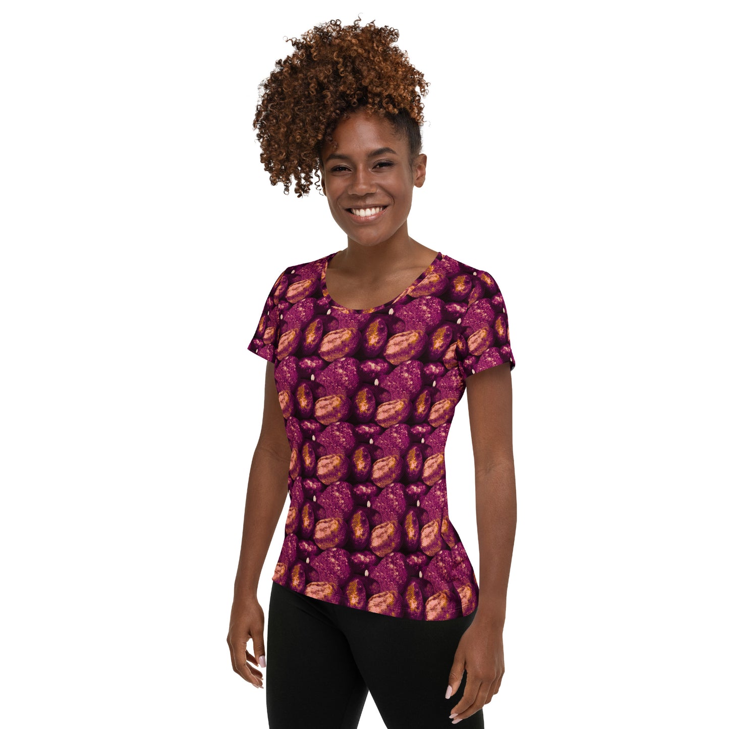 Product mockup, tshirts, Womens fashion, Online fashion, Tops, regular fit, textured, Elevated basics, versatile wardrobe, breathable, essentials, workout, yoga clothes, full length, training gear, round neck, pink potatoes, potato prints