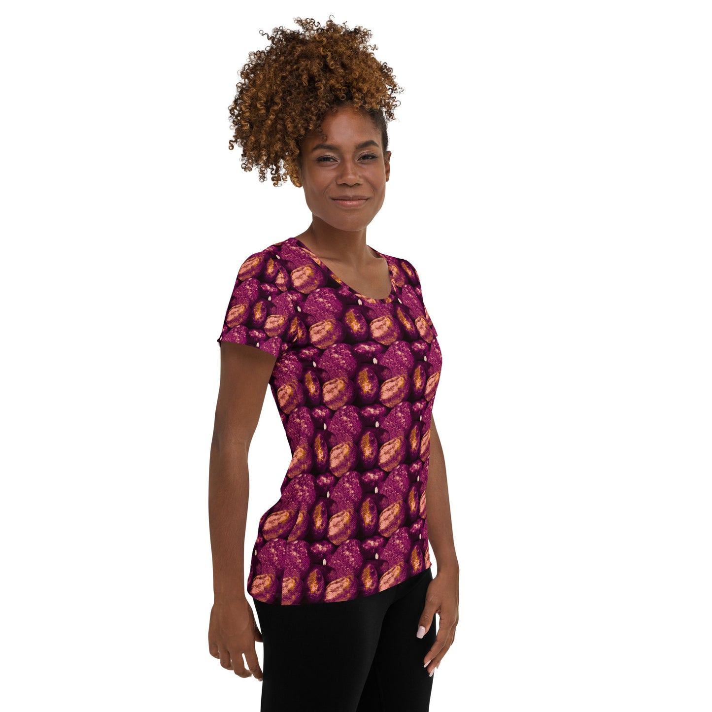 Product mockup, tshirts, Womens fashion, Online fashion, Tops, regular fit, textured, Elevated basics, versatile wardrobe, breathable, essentials, workout, yoga clothes, full length, training gear, round neck, pink potatoes, potato prints