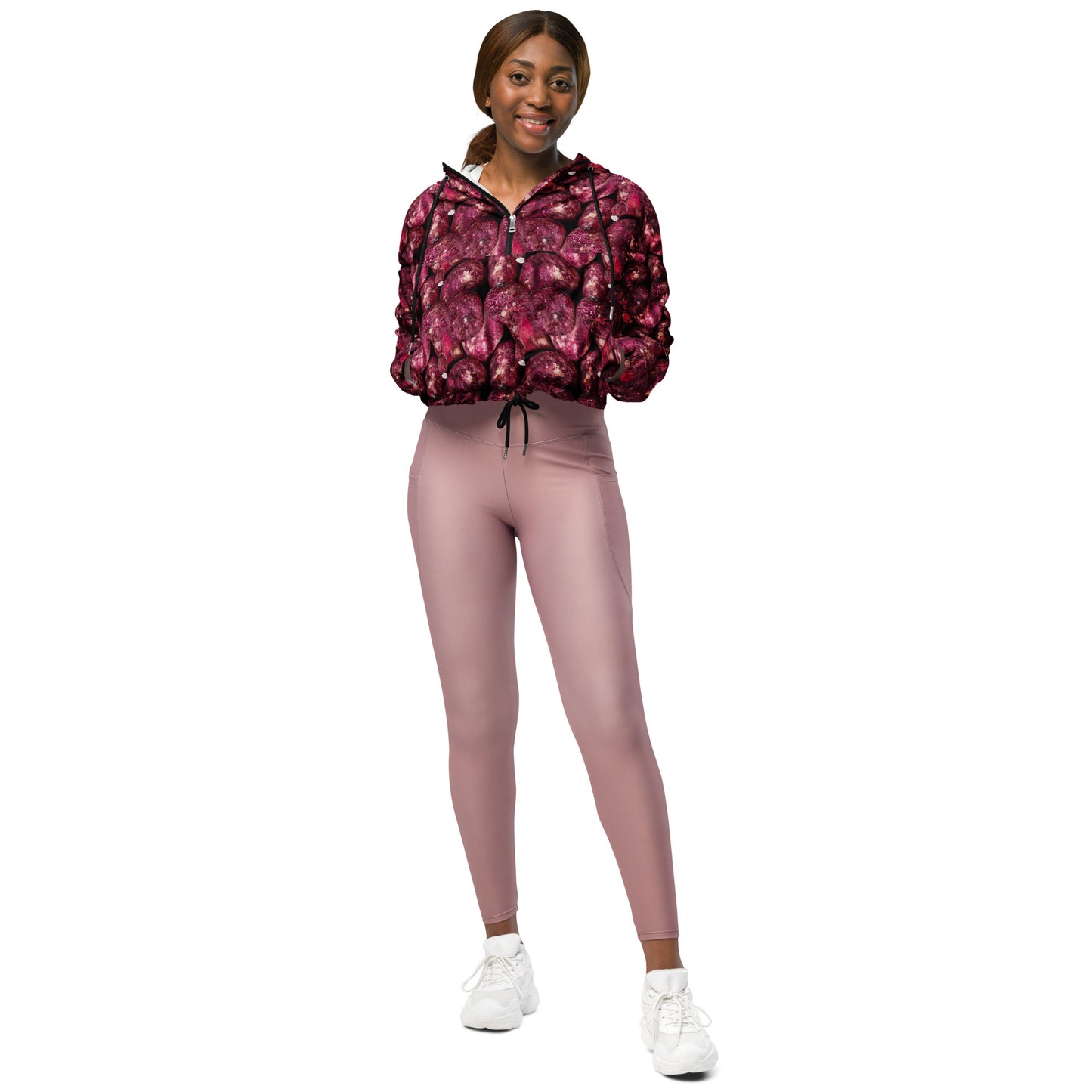 Product mockup, outerwear, windbreakers, cropped windbreakers, Womens fashion, Online fashion, textured, prints, Elevated basics, versatile wardrobe, breathable, essentials, basics, comfy, all over prints, pink potatoes, potato prints