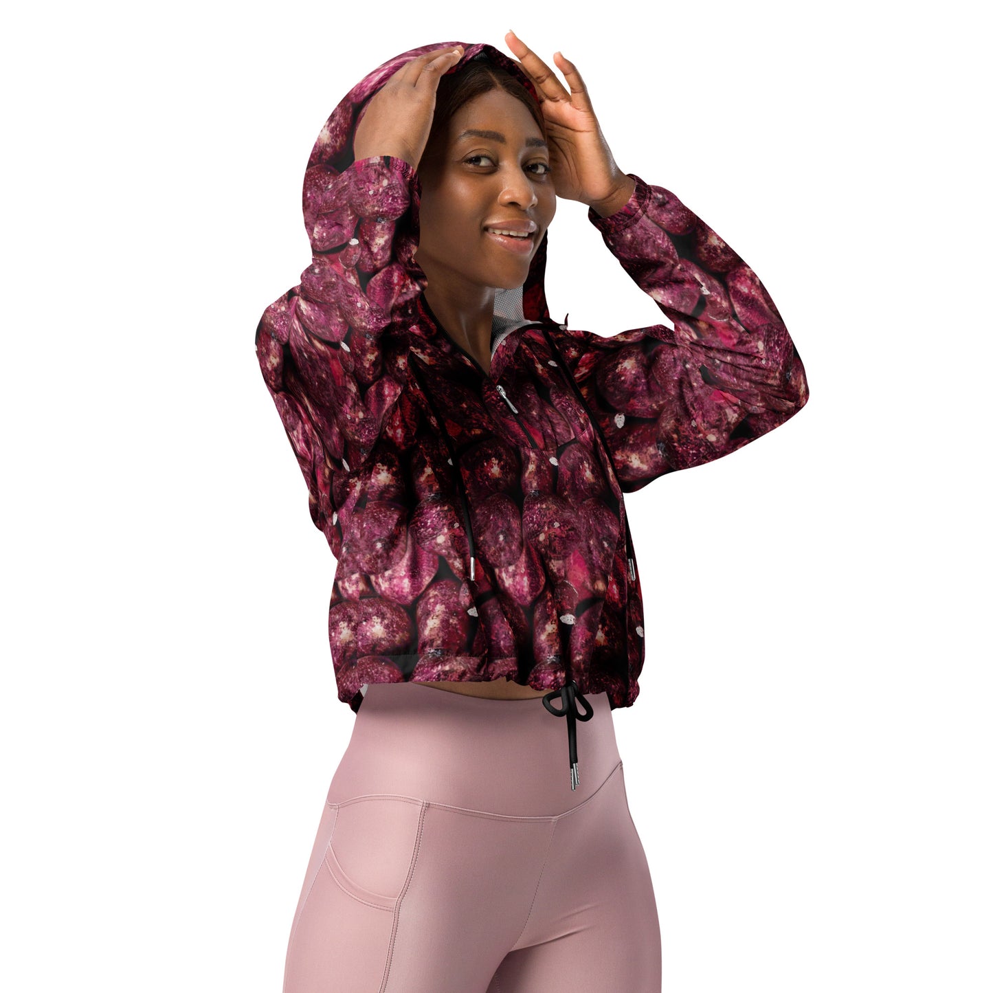 Product mockup, outerwear, windbreakers, cropped windbreakers, Womens fashion, Online fashion, textured, prints, Elevated basics, versatile wardrobe, breathable, essentials, basics, comfy, all over prints, pink potatoes, potato prints