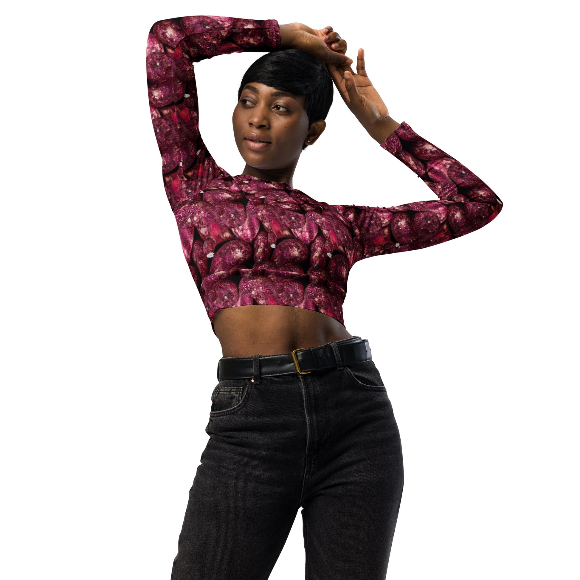 Product mockup, Sweatshirts, cropped top, Womens fashion, Online fashion, Tops, textured, Elevated basics, versatile wardrobe, breathable, essentials, workout, yoga clothes, fullsleeves, cropped, potato prints, all over print, bestsellers, lightweight, capsule collection, loungewear, pink potatoes, pink prints