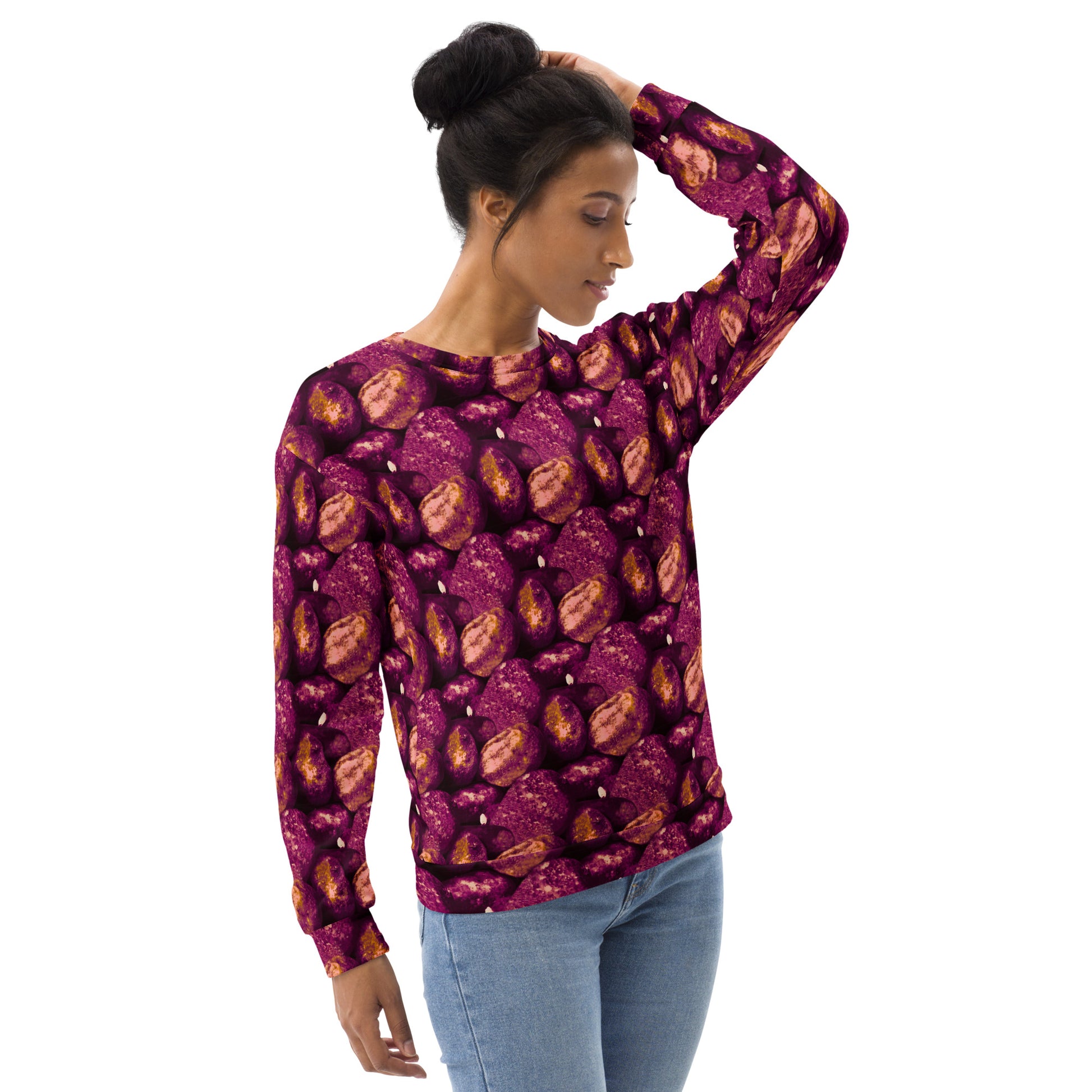 Product mockup, Sweatshirts, Womens fashion, Online fashion, Tops, textured, Elevated basics, versatile wardrobe, breathable, essentials, workout, yoga clothes, full length, training gear, round neck, pink potatoes, potato prints
